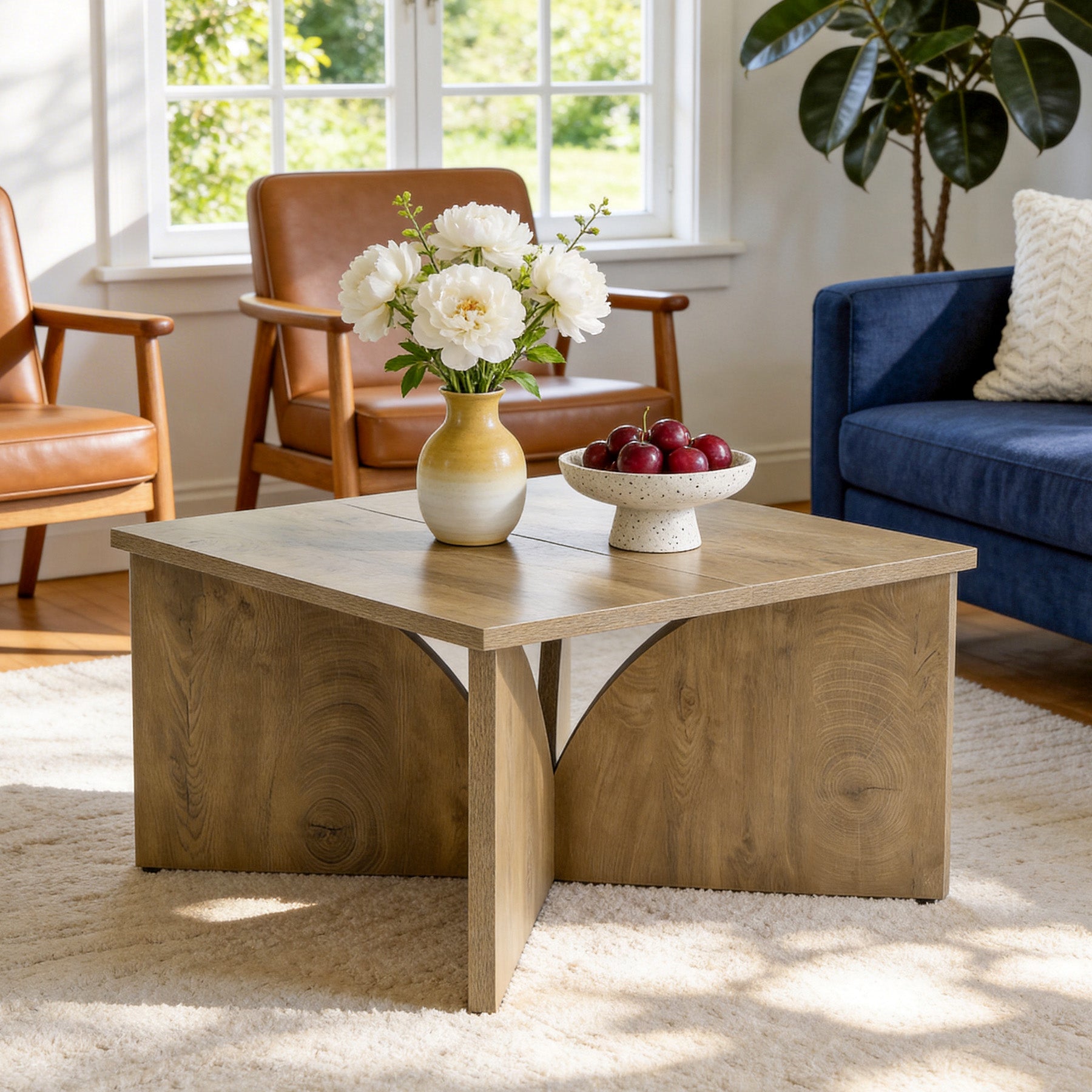 80 cm Vierkante Salontafel met Stevige Basis, Landelijke Houten Tafel voor Woonkamer