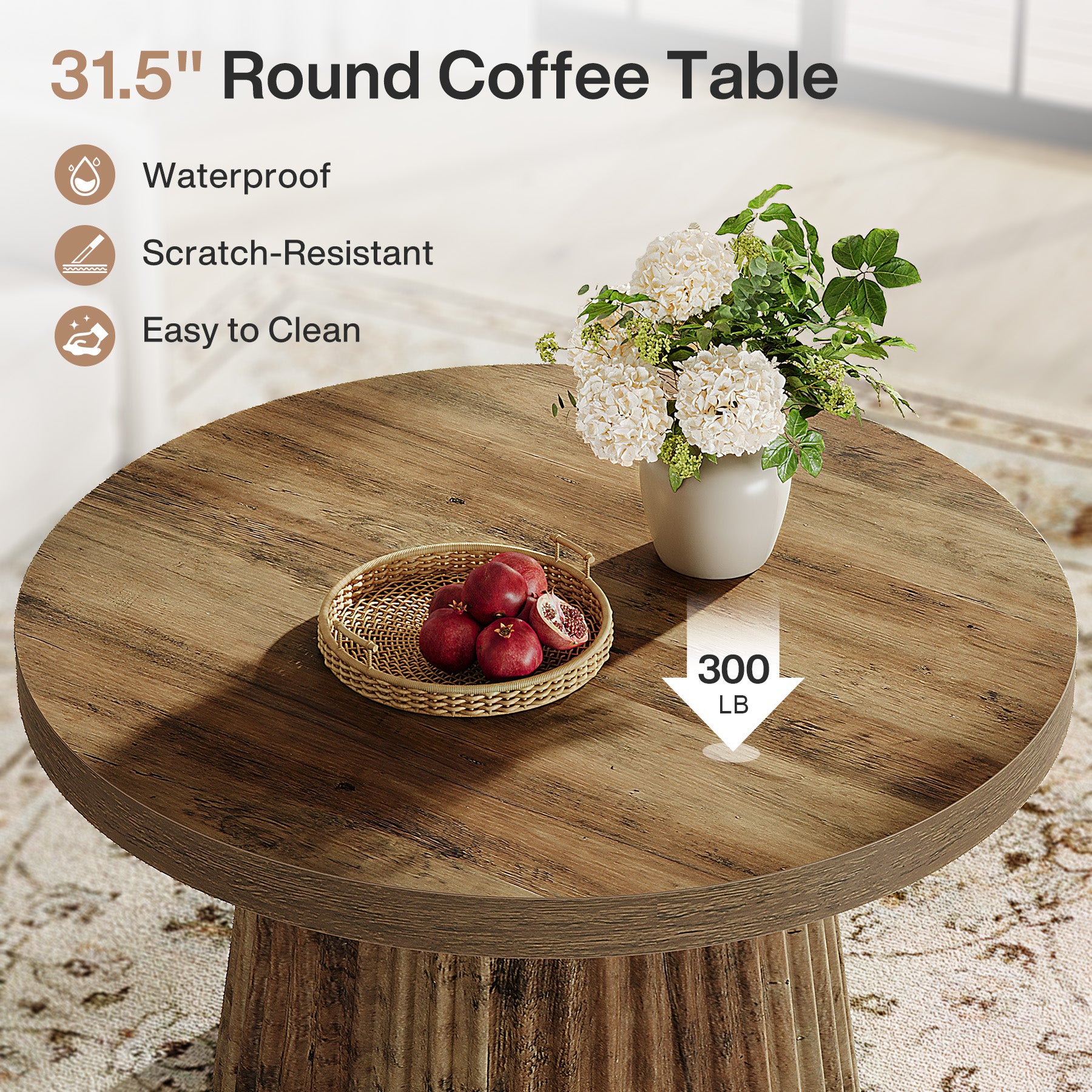 80 cm Ronde Landelijke Salontafel met Gegroefde Trommelvoet, Mid-Century Accent Tafel