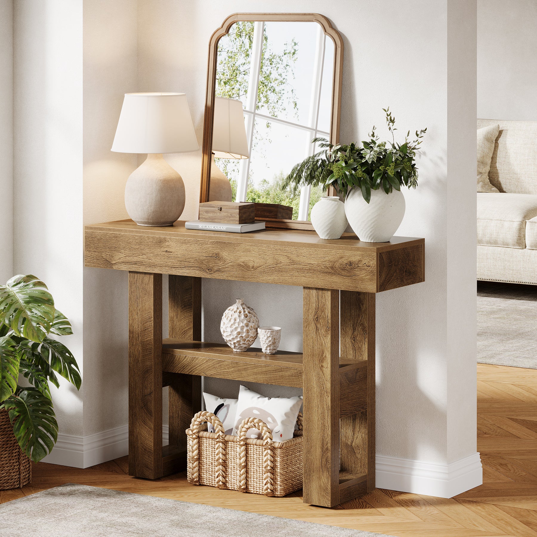 105 cm Smalle Consoletafel met 2 Niveaus, Rustieke Entreetafel voor Hal en Woonkamer