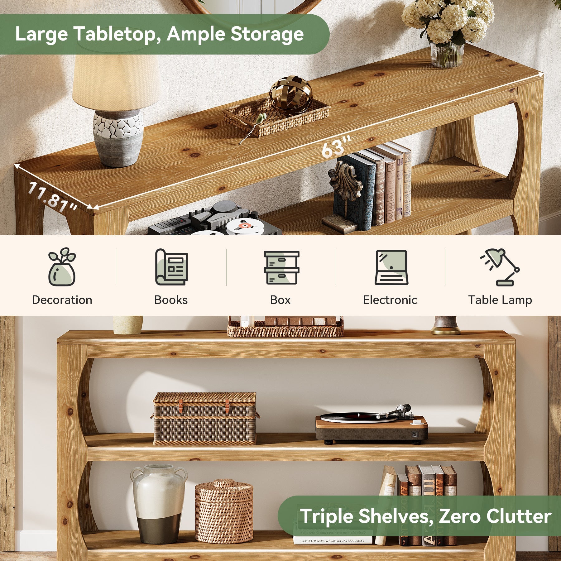 160 cm Houten Consoletafel met 3-Laags Opbergruimte, Lange Smalle Landelijke Tafel