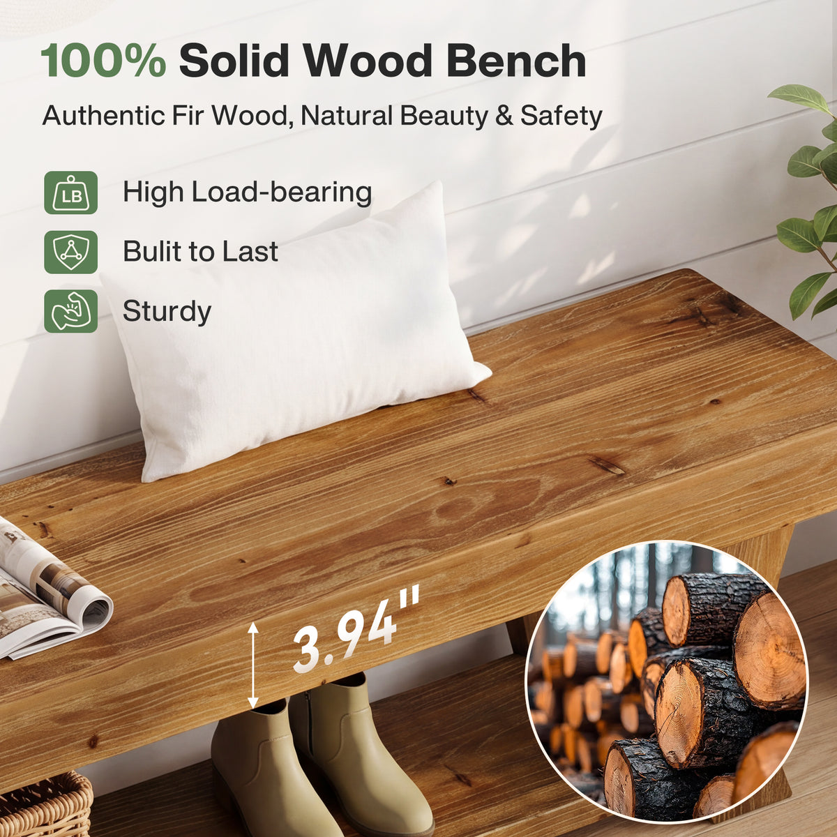 160 cm houten entreebank met opbergrek en massief houten design, landelijke schoenenbank voor hal en woonkamer