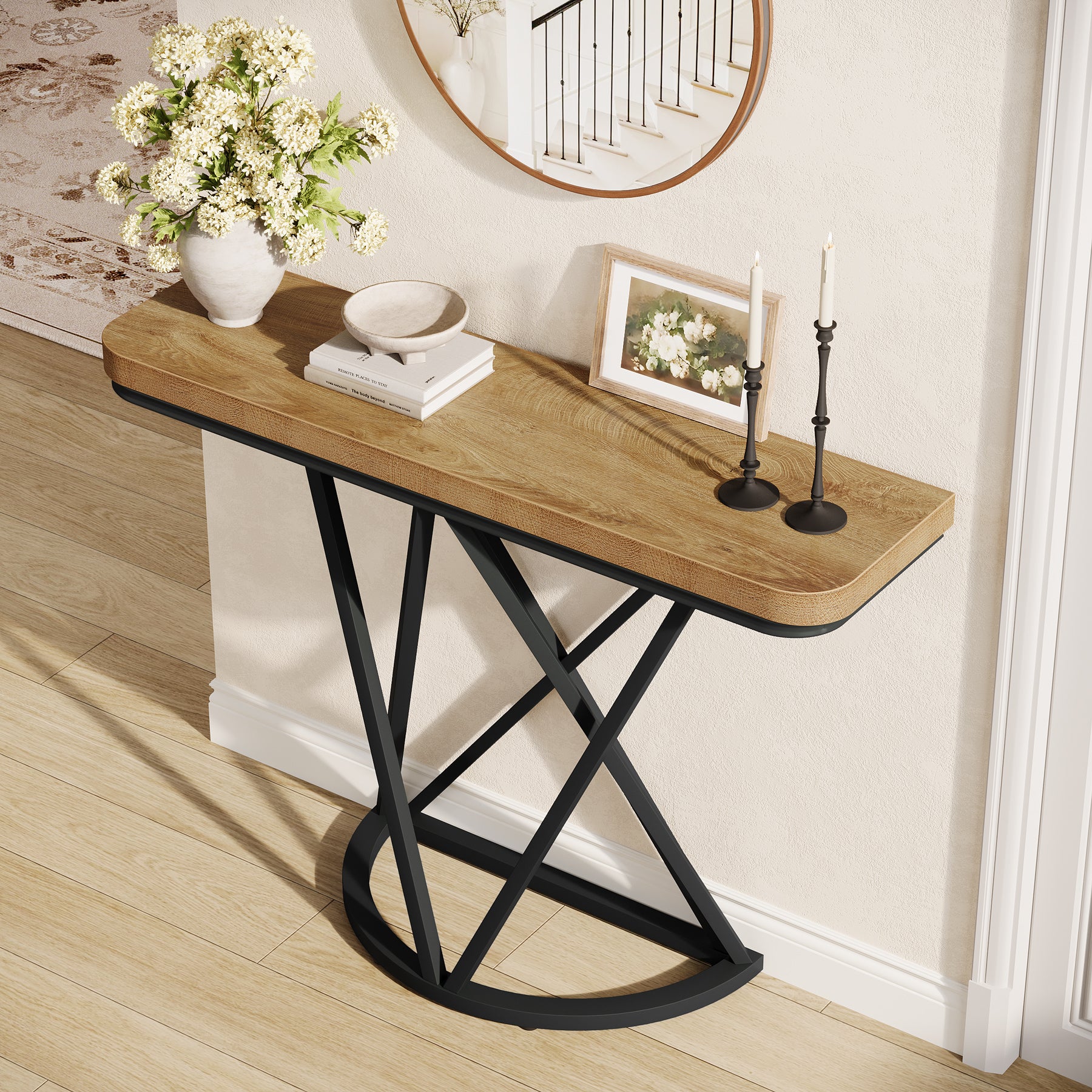105 cm Industriële Console Tafel, Smalle Entreetafel met Geometrisch Metaal Onderstel