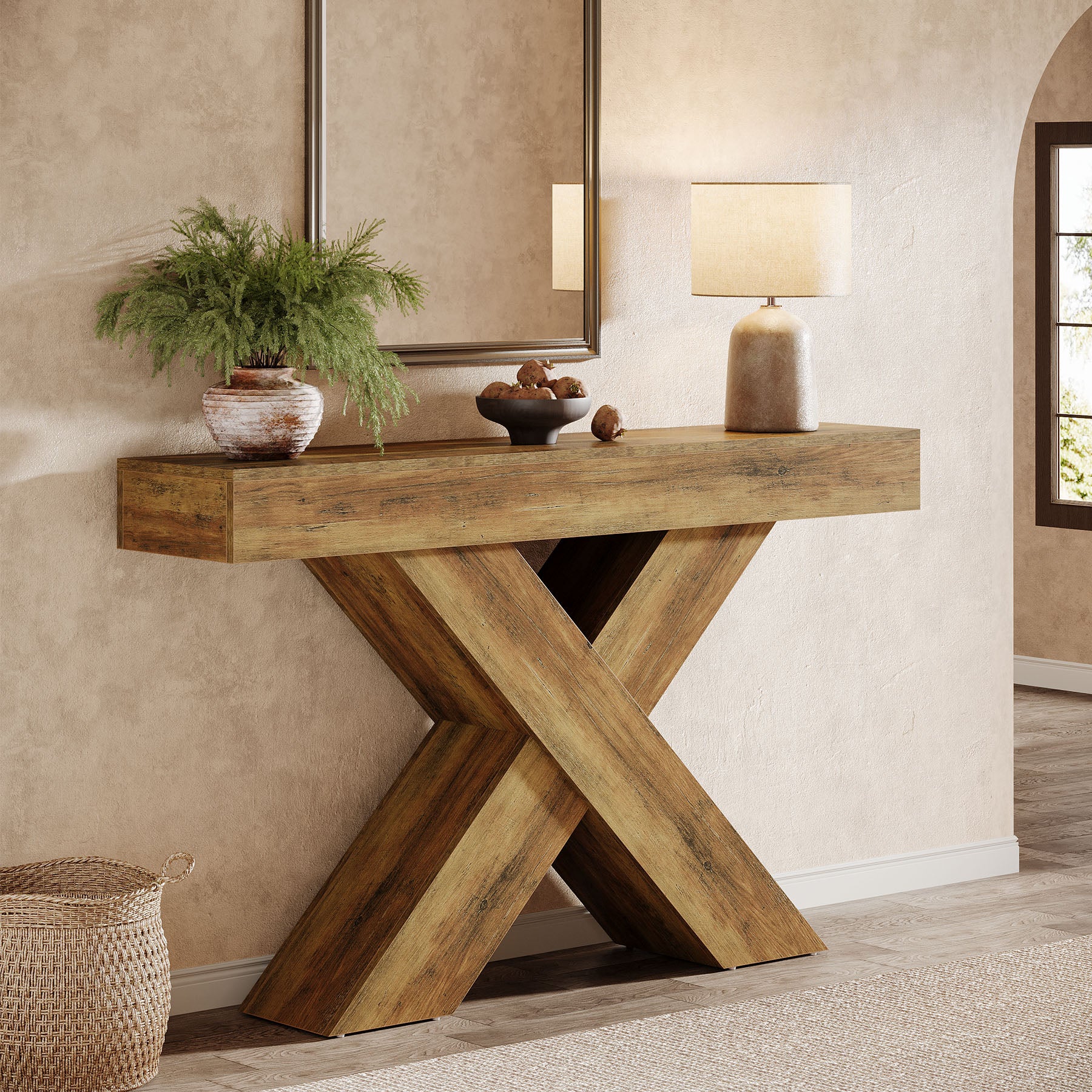 140 cm consoletafel, houten sidetable met uniek ontwerp voor hal of achter bank