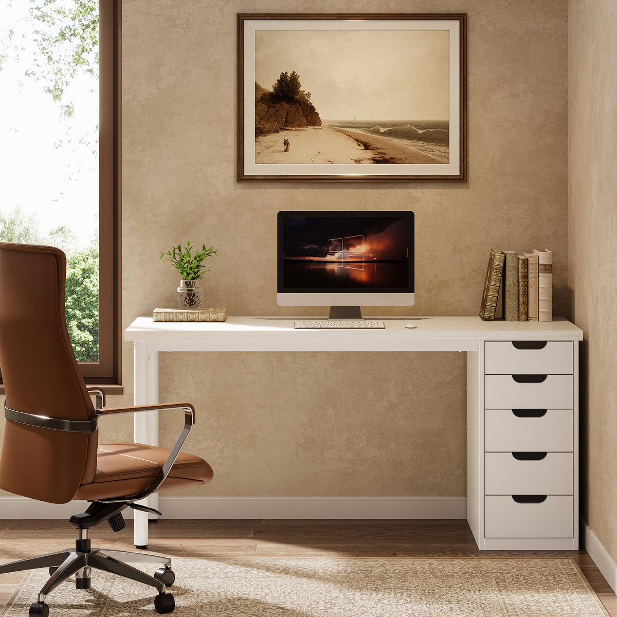 120 cm Tribesigns Bureau met 5 Lades, Compact Computerbureau met Opbergruimte voor Thuiswerkplek