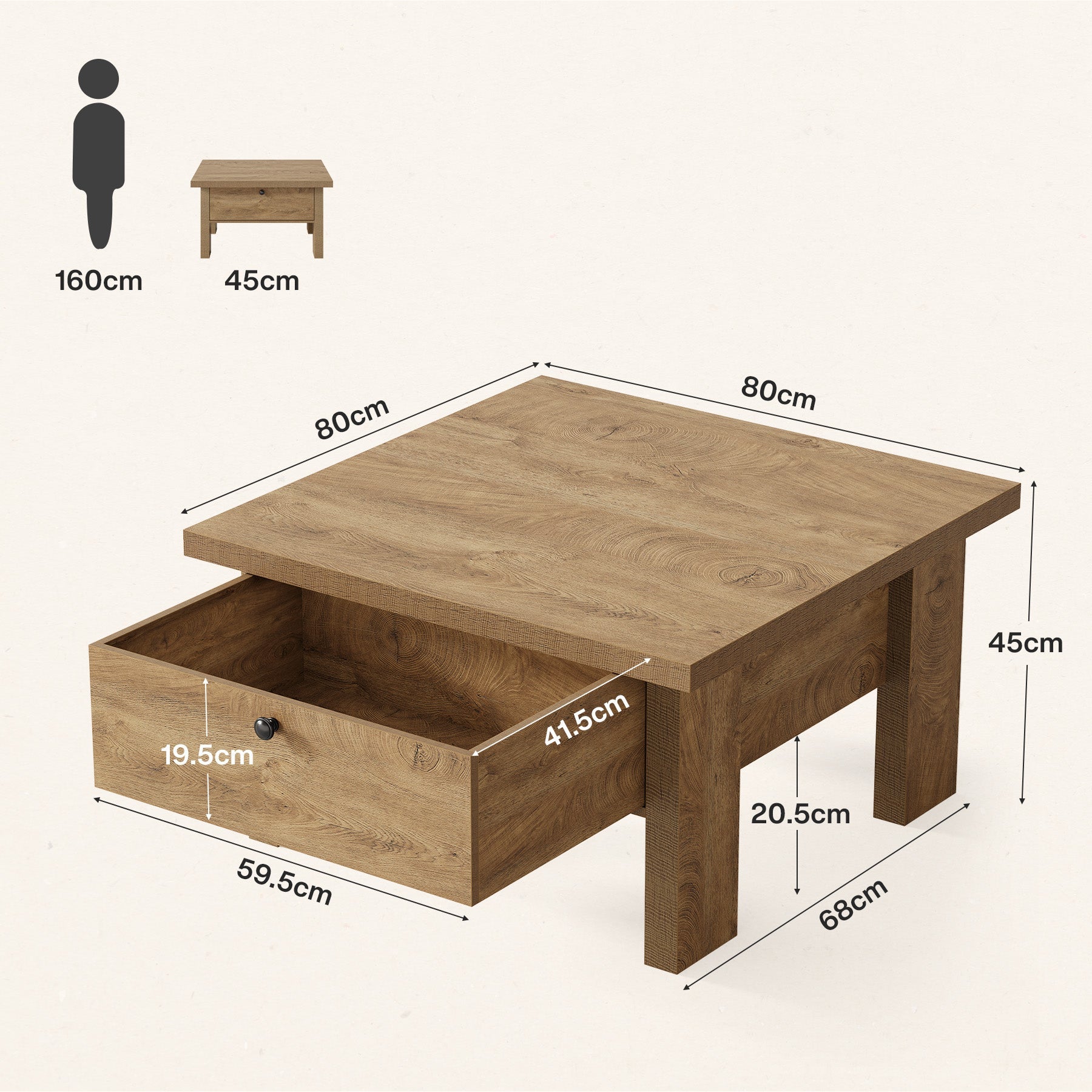 Tribesigns vierkante salontafel 80 cm met lade, woonkamertafel in landelijke stijl met verborgen opbergruimte
