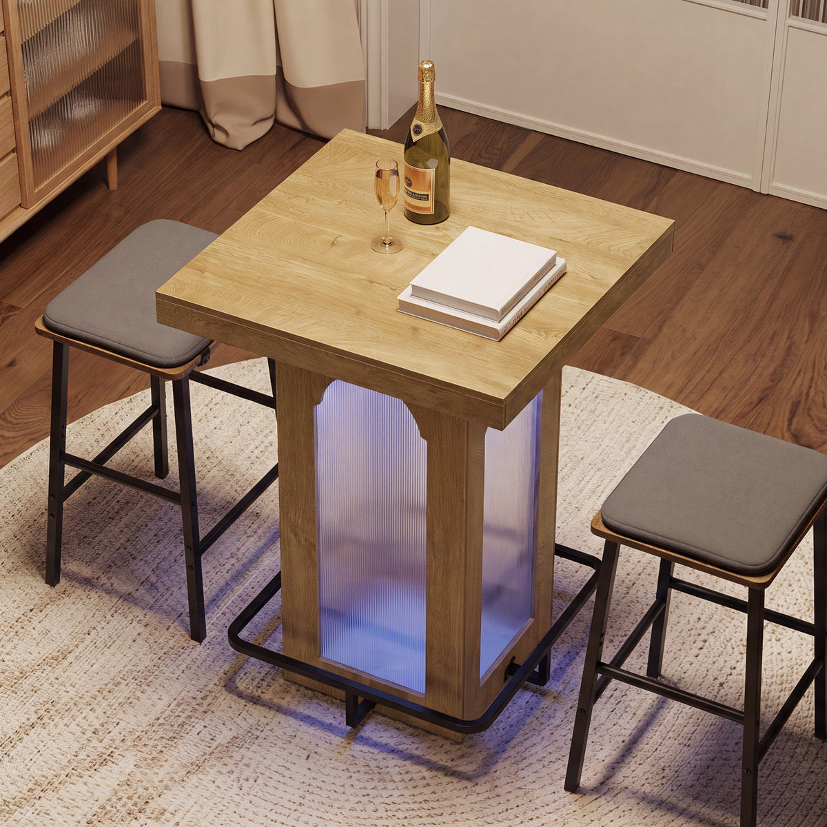 Tribesigns 80 x 100 cm vierkante bartafel met RGB-verlichting en metalen voetensteun, hoge tafel voor keuken en thuisbar