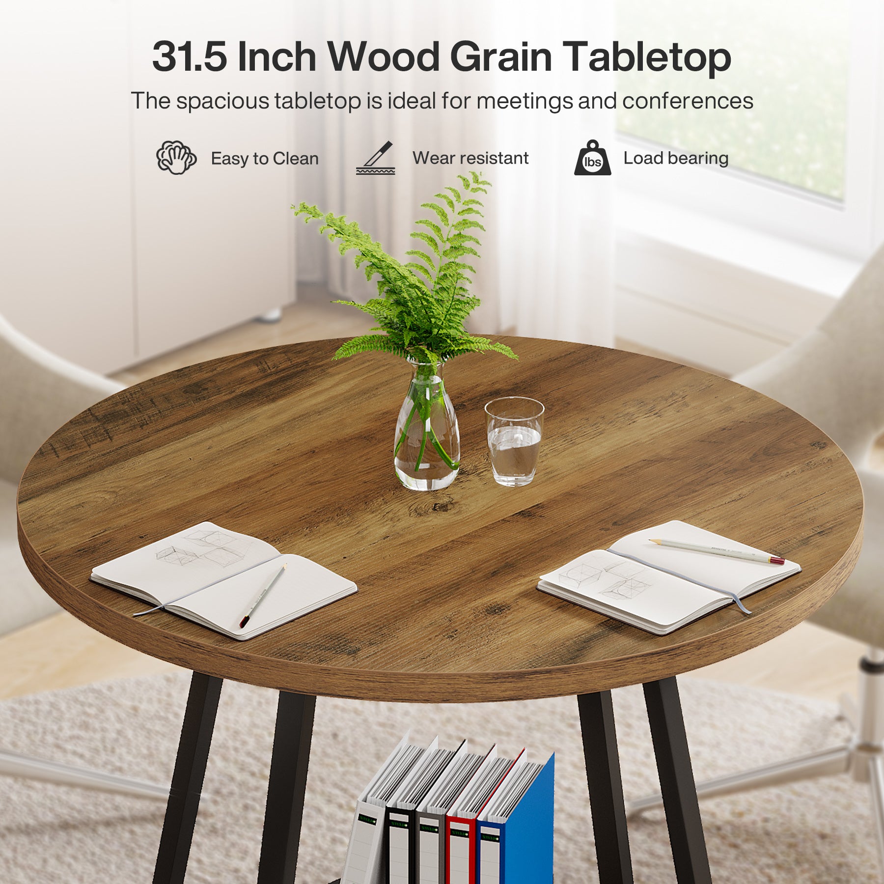80 x 80 x 75 cm Ronde Conferentietafel voor 2-4 Personen, Compacte Houten Kantoortafel Bruin