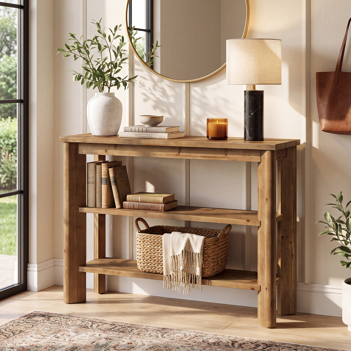 105 x 30 cm Tribesigns consoletafel van massief hout met 3 niveaus, smalle sidetable voor hal en woonkamer