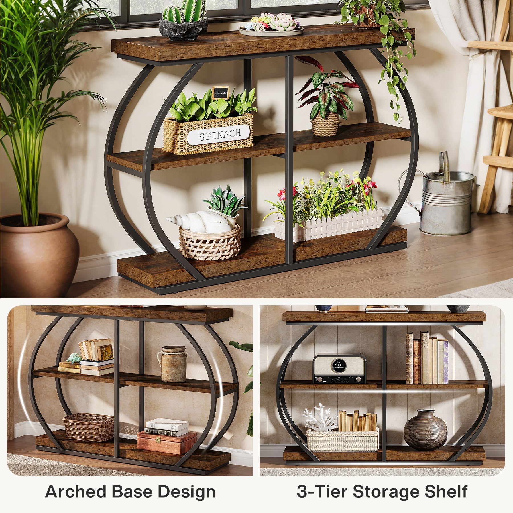 105 cm Industriële Consoletafel met 3 Planken, Gebogen Metalen Frame voor Woonkamer en Hal