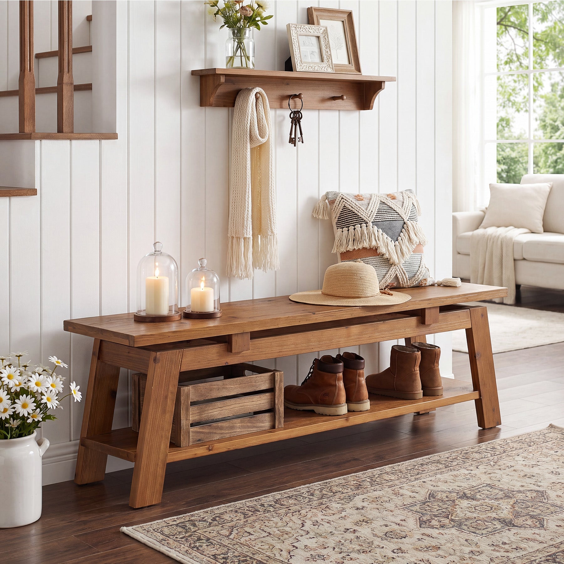 Tribesigns massief houten zitbank 140 cm met schoenenplank, houten bank voor entree en slaapkamer