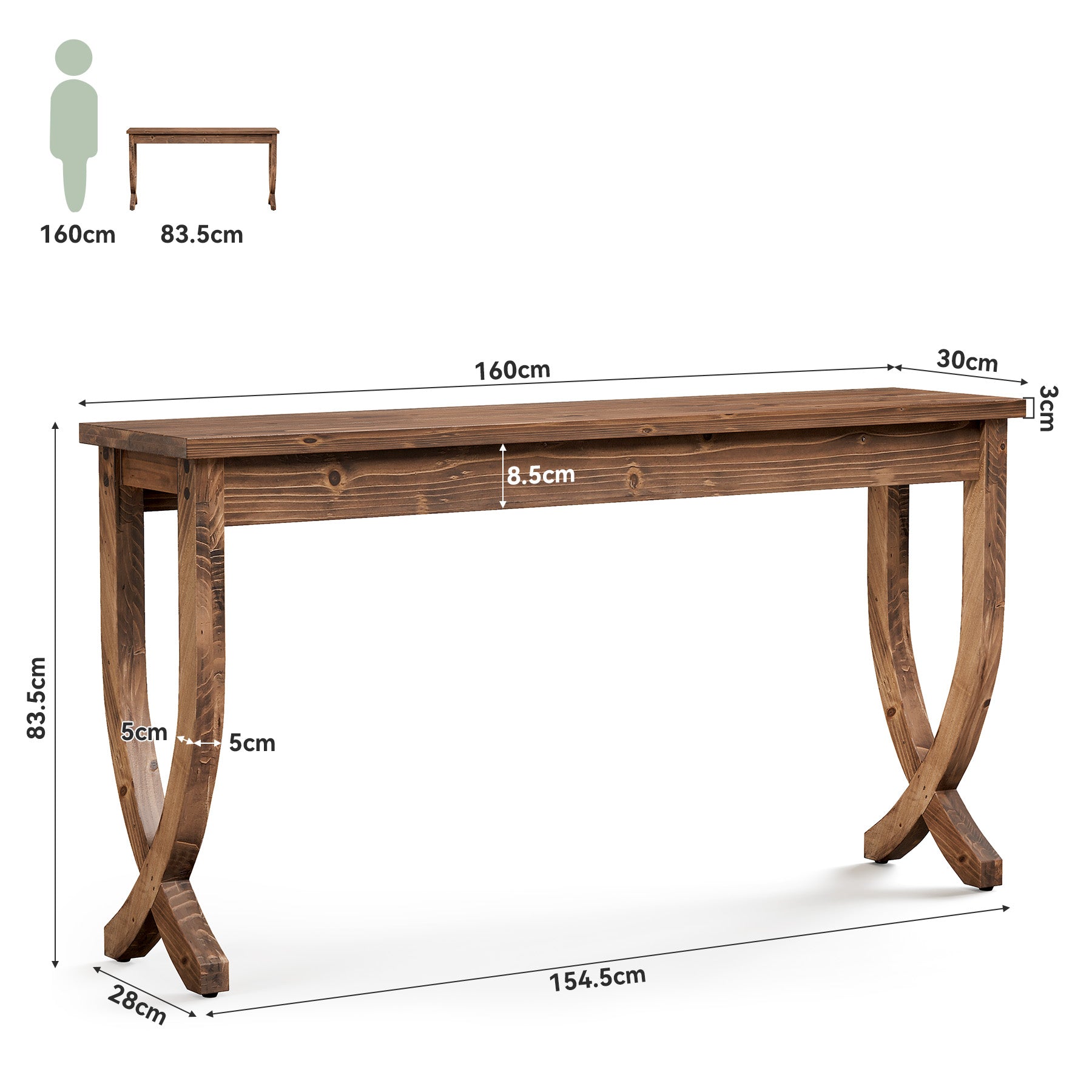 160 cm Massief Houten Consoletafel in Landelijke Stijl, Lange Haltafel voor Woonkamer