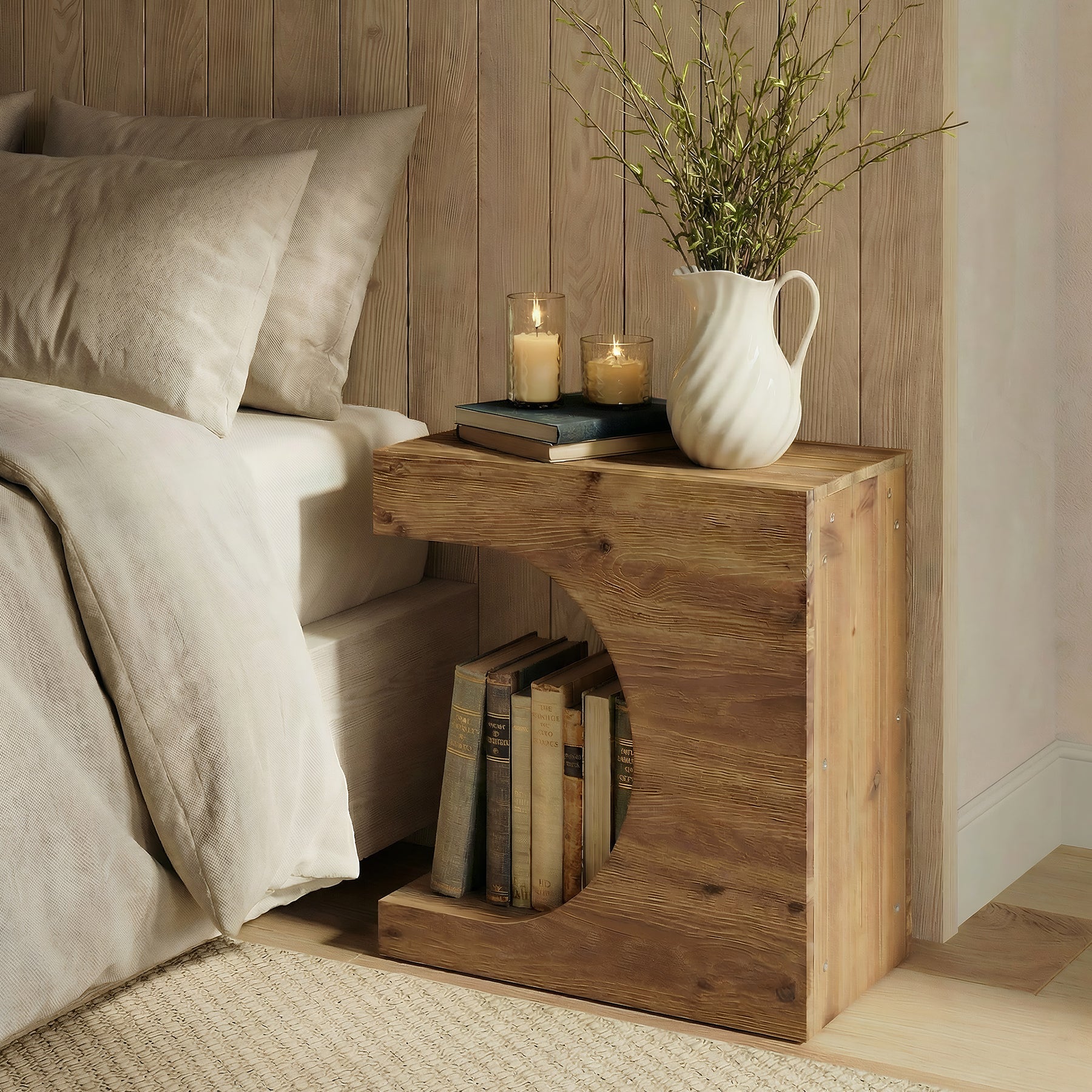 Tribesigns massief houten bijzettafel in C-vorm, modern nachtkastje met 2 planken voor woonkamer en slaapkamer