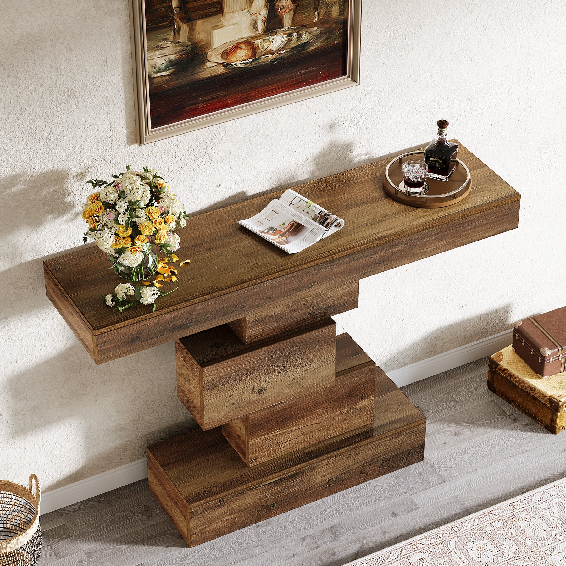 108 cm Landelijke Console, Industriële Bijzettafel met Geometrische Basis voor Hal en Woonkamer