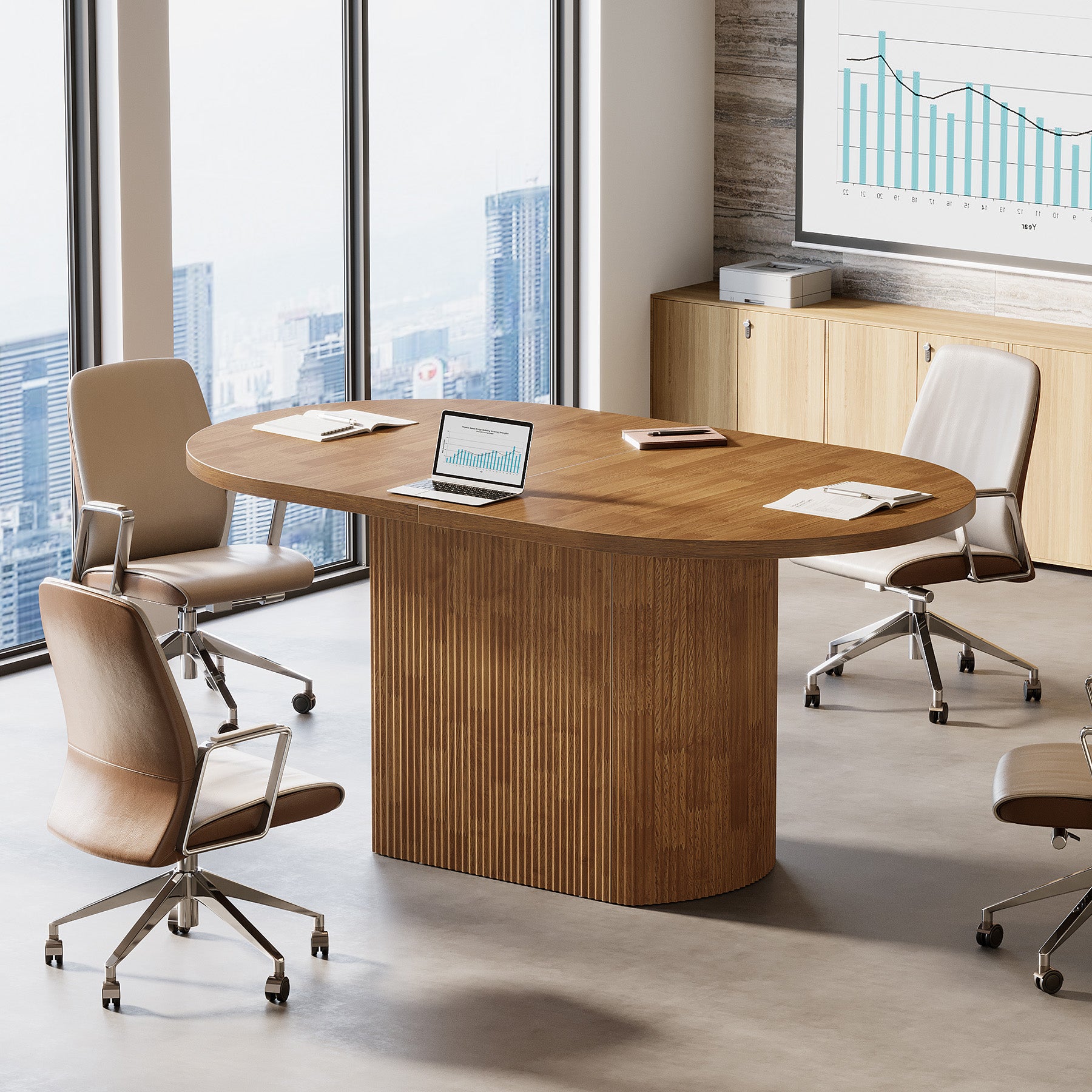 120 cm Ovale Vergadertafel voor 4 Personen, Rustieke Houten Conferentietafel met Polygonale Poot