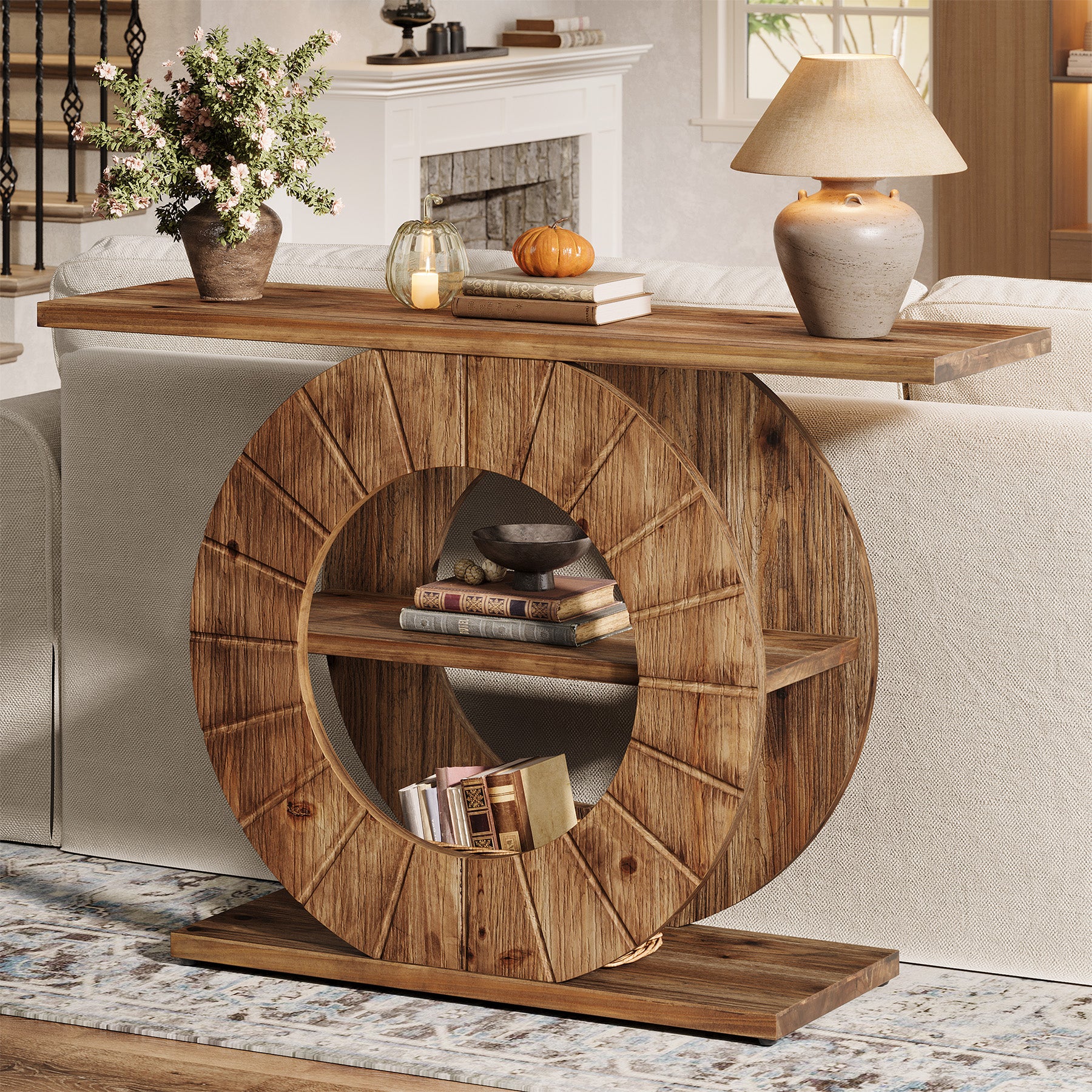 105 cm Massief Houten Consoletafel met 3 Planken en Ronde Basis