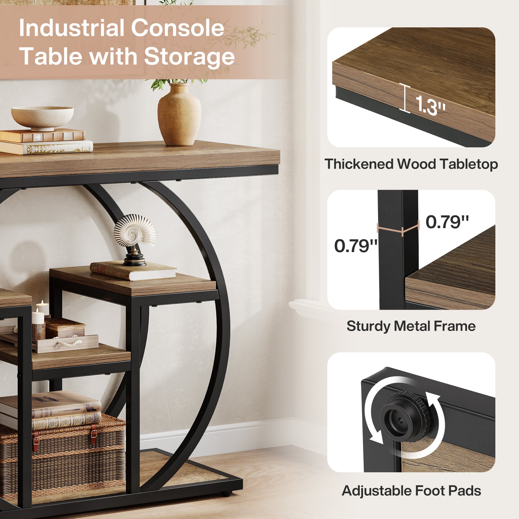 Tribesigns 105 cm Consoletafel, 4-Laags Industriële Haltafel met Planken