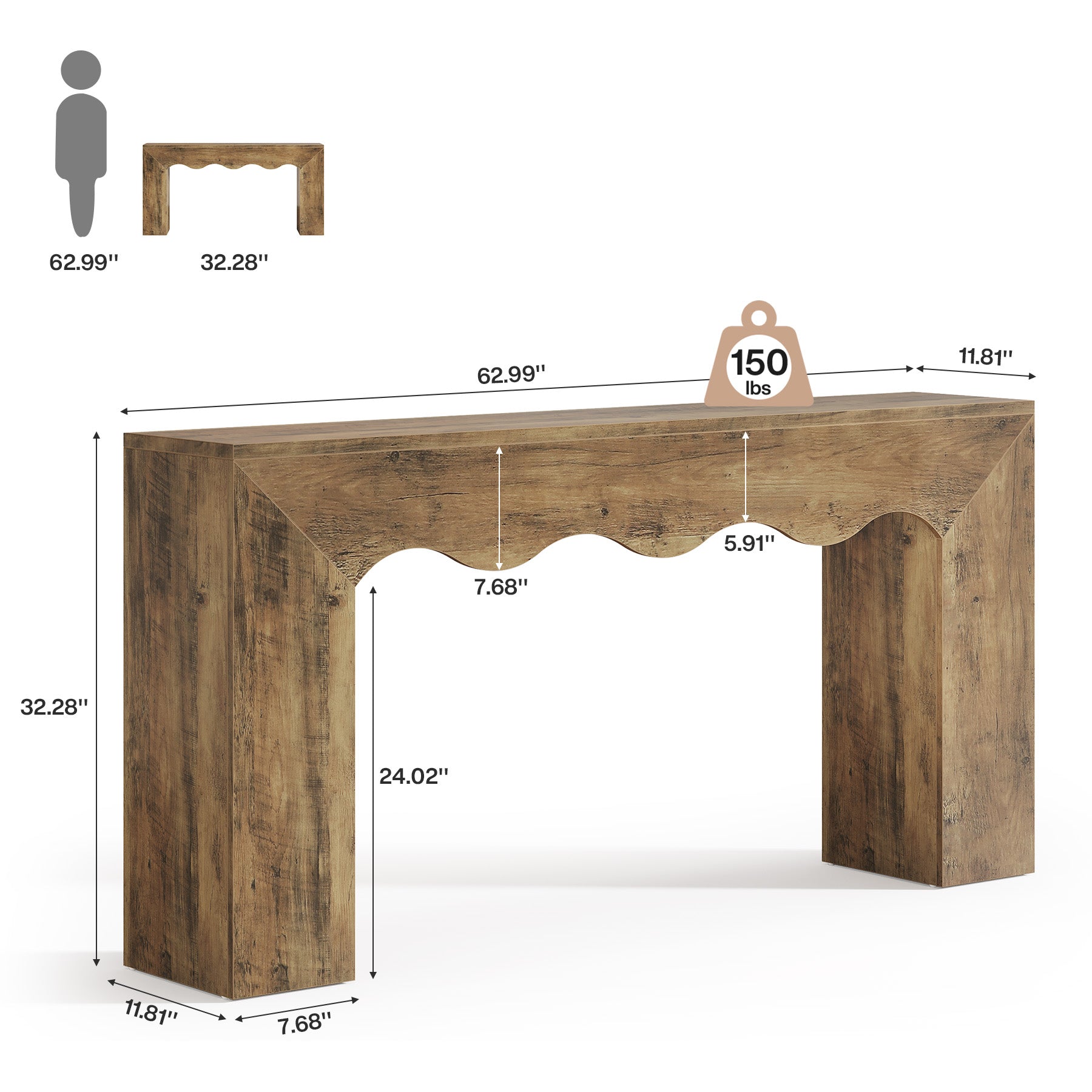160 cm Consoletafel met Golvende Rand, Landelijke Smalle Haltafel met Opbergruimte voor Woonkamer Entree
