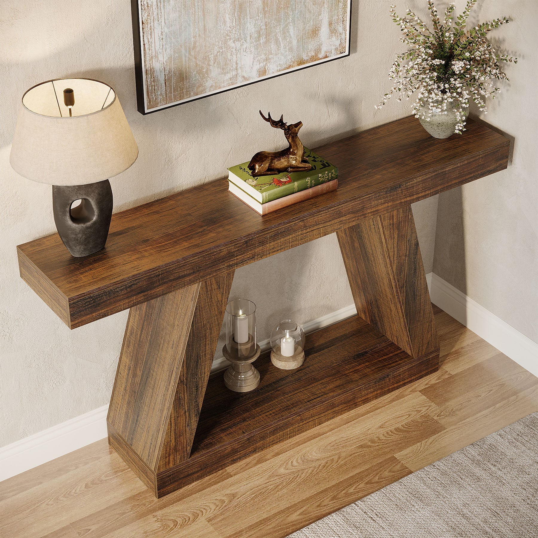 140 cm Landelijke Consoletafel, Industriële Houten Opbergtafel voor Hal en Woonkamer