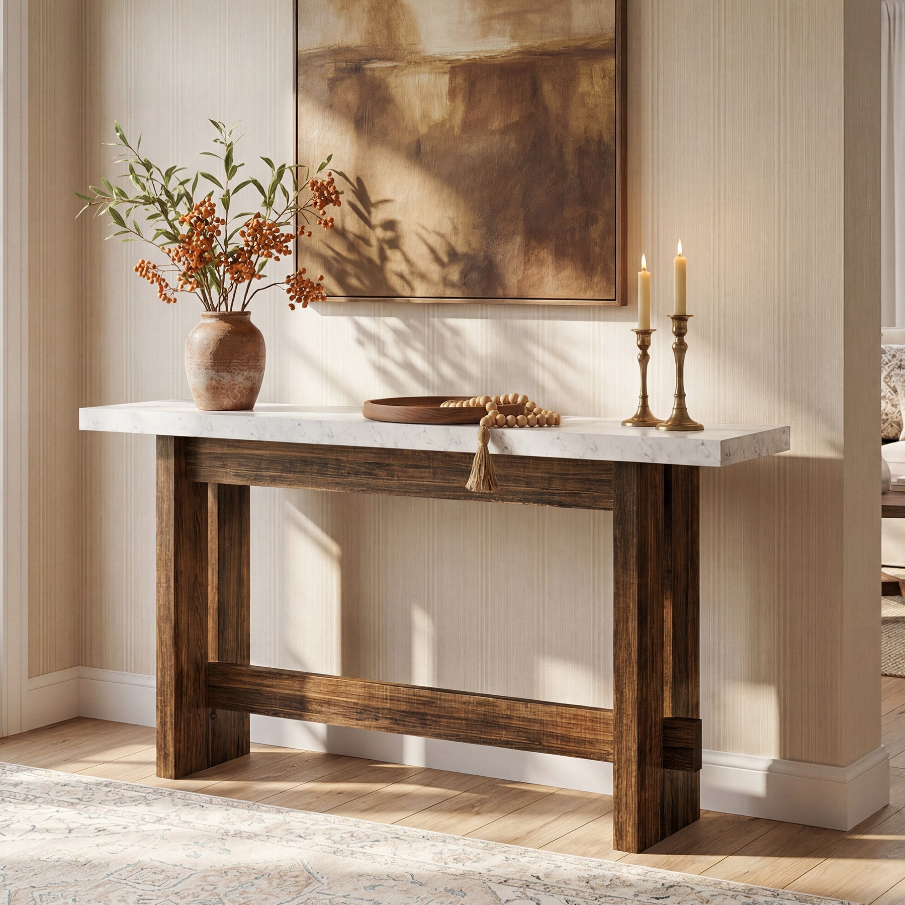 160 cm farmhouse consoletafel met marmerlook blad, smalle sidetable voor entree en woonkamer