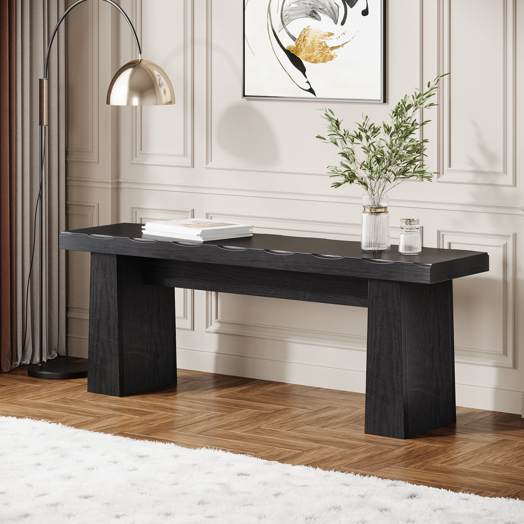 120 cm Tribesigns landelijke houten halbank met stevig frame, zwarte eetbank voor eetkamer woonkamer en hal