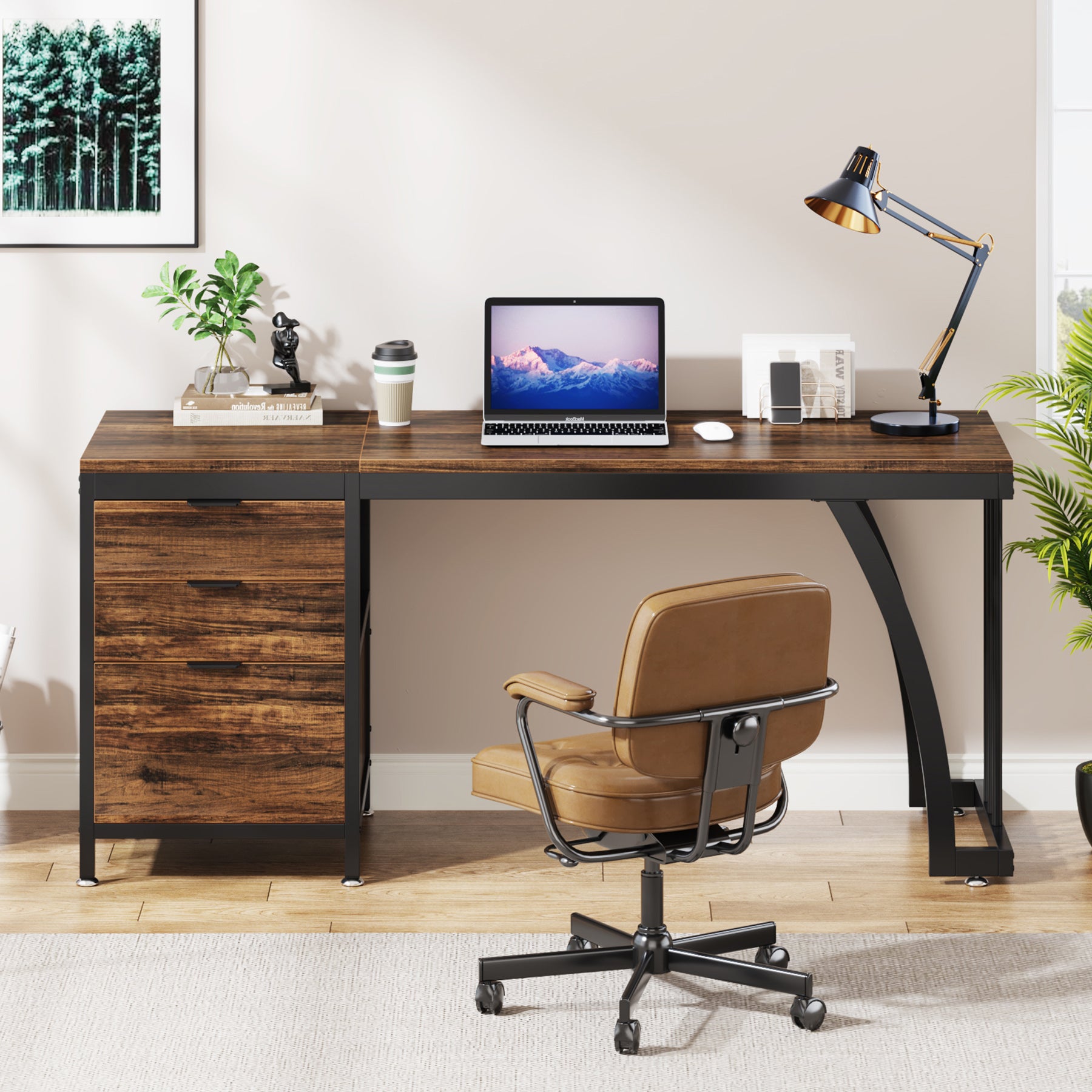 150 cm Computertafel, Industrieel Bureau Met 3 Ombouwbare Laden in Rustiek Bruin