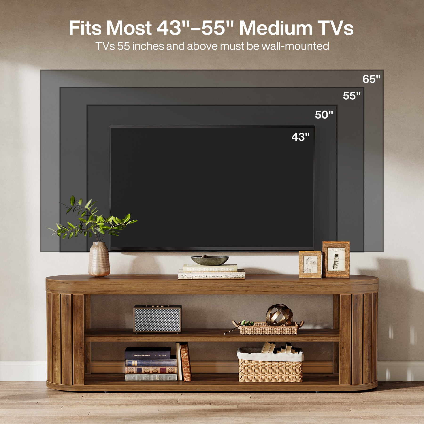 120 cm TV Meubel voor TV tot 55 Inch, Ovale Media Tafel met 2 Niveaus Opbergruimte voor Woonkamer Slaapkamer