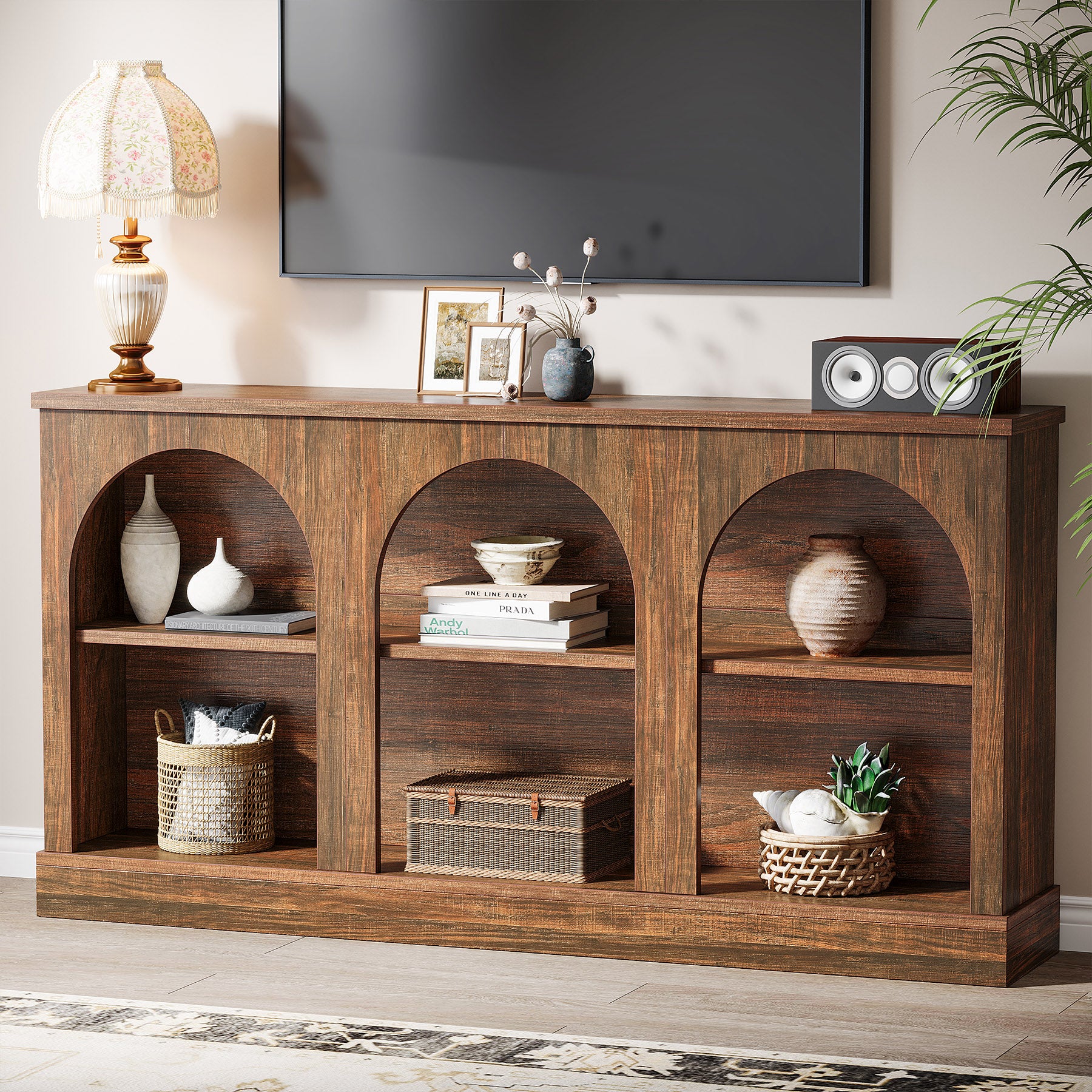 160 cm Boerderij Console, Lange Houten Tafel met Drie Planken voor Hal en Woonkamer
