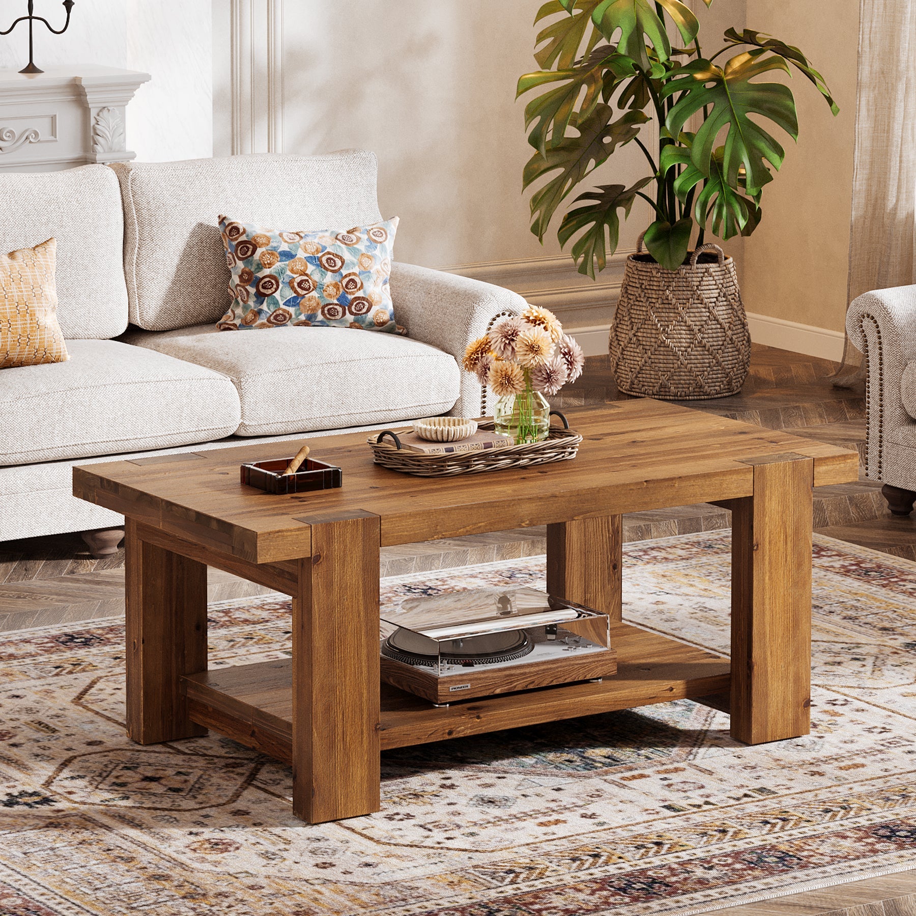 Tribesigns Massief Houten Salontafel 120 cm, Rechthoekige Woonkamertafel met Opbergplank