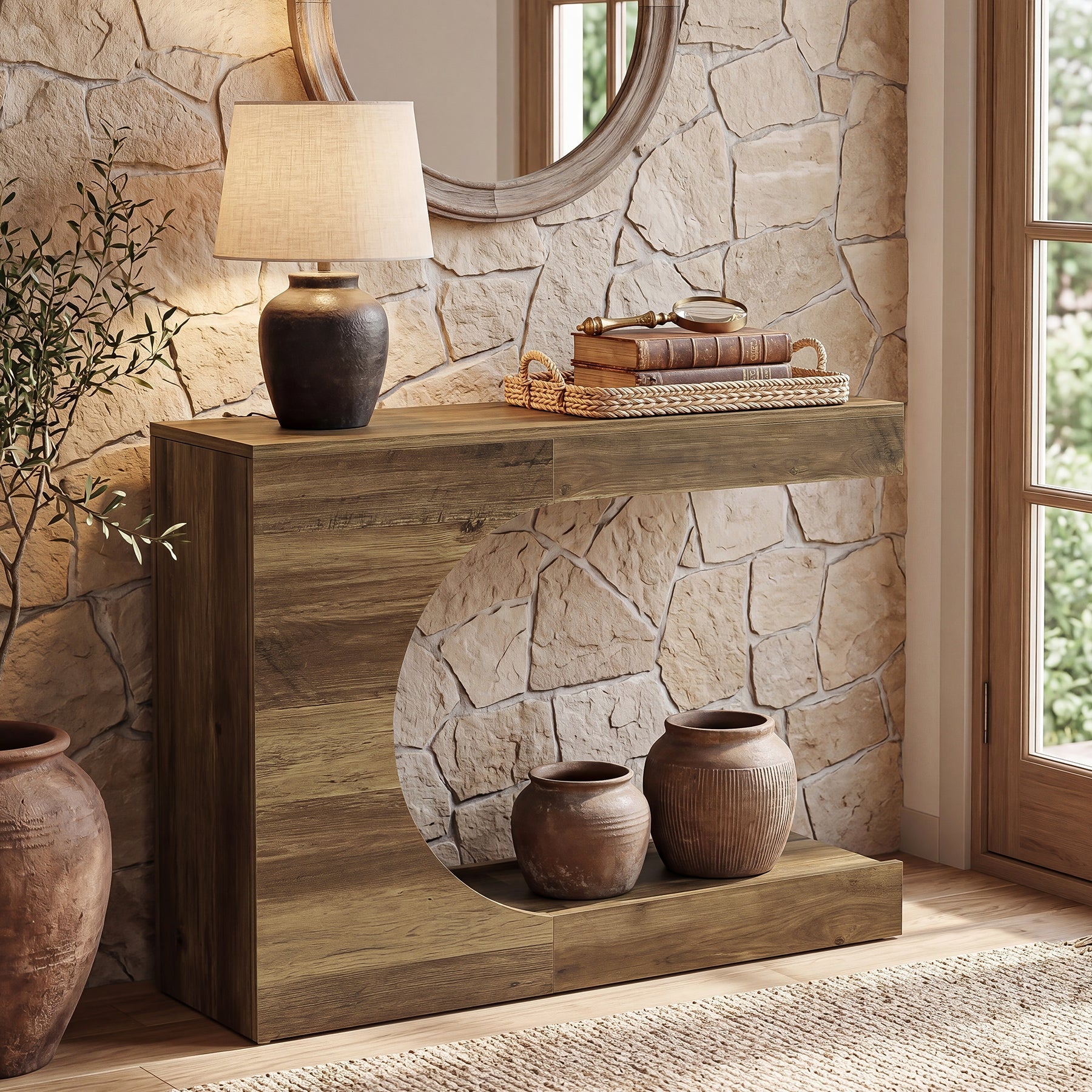 Tribesigns 100 cm Consoletafel, C-vormige Haltafel met 2 Legplanken in Moderne Landelijke Stijl