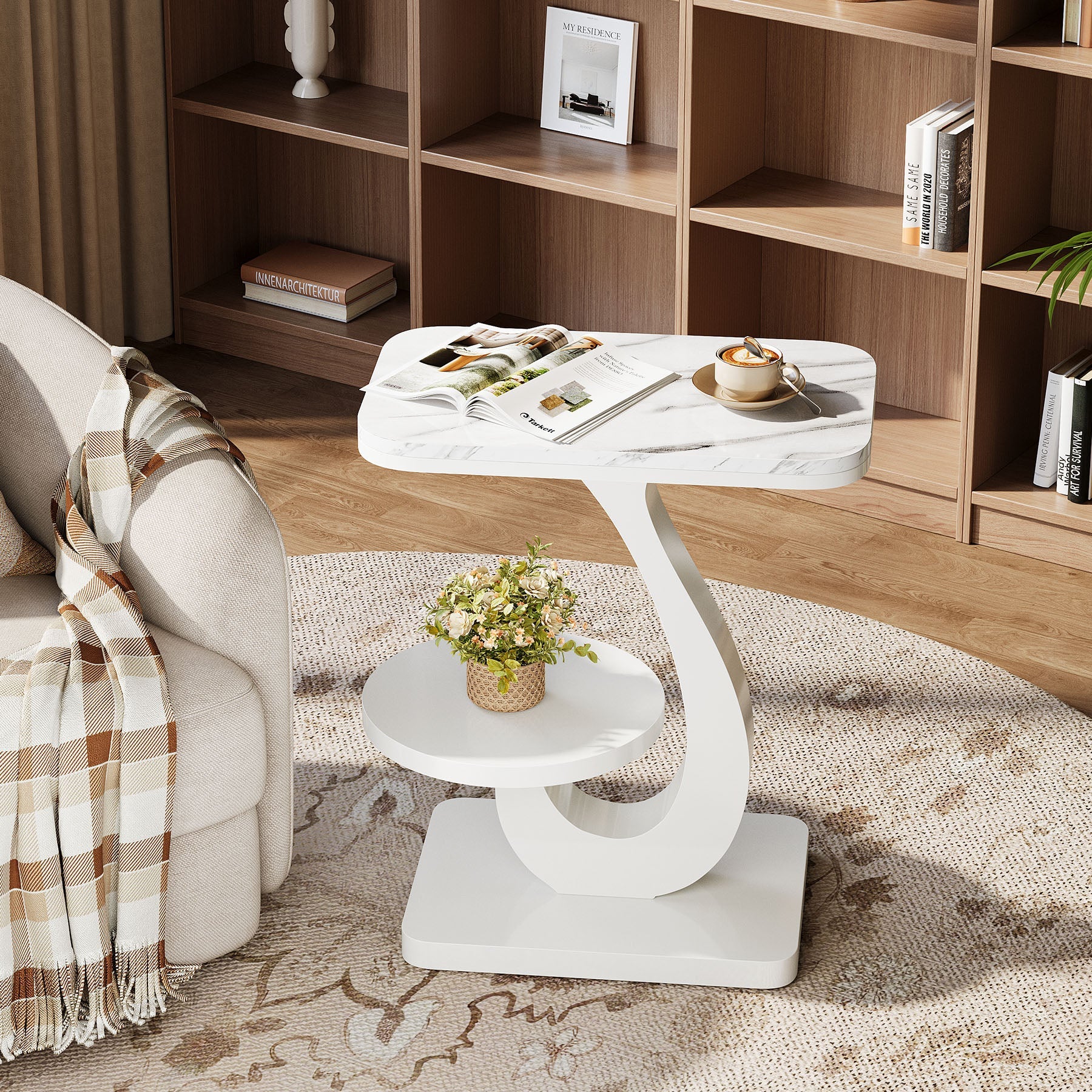50 cm C-vormig Eindtafeltje met Marmerlook Blad, Modern 2-laags Bijzettafeltje voor Bank en Slaapkamer