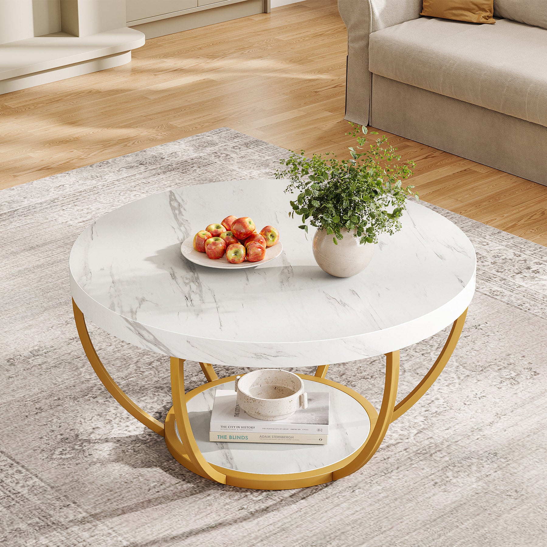 80,5 cm Ronde Industriële Salontafel, Tweelaags Middentafel in Rustiek Bruin en Zwart