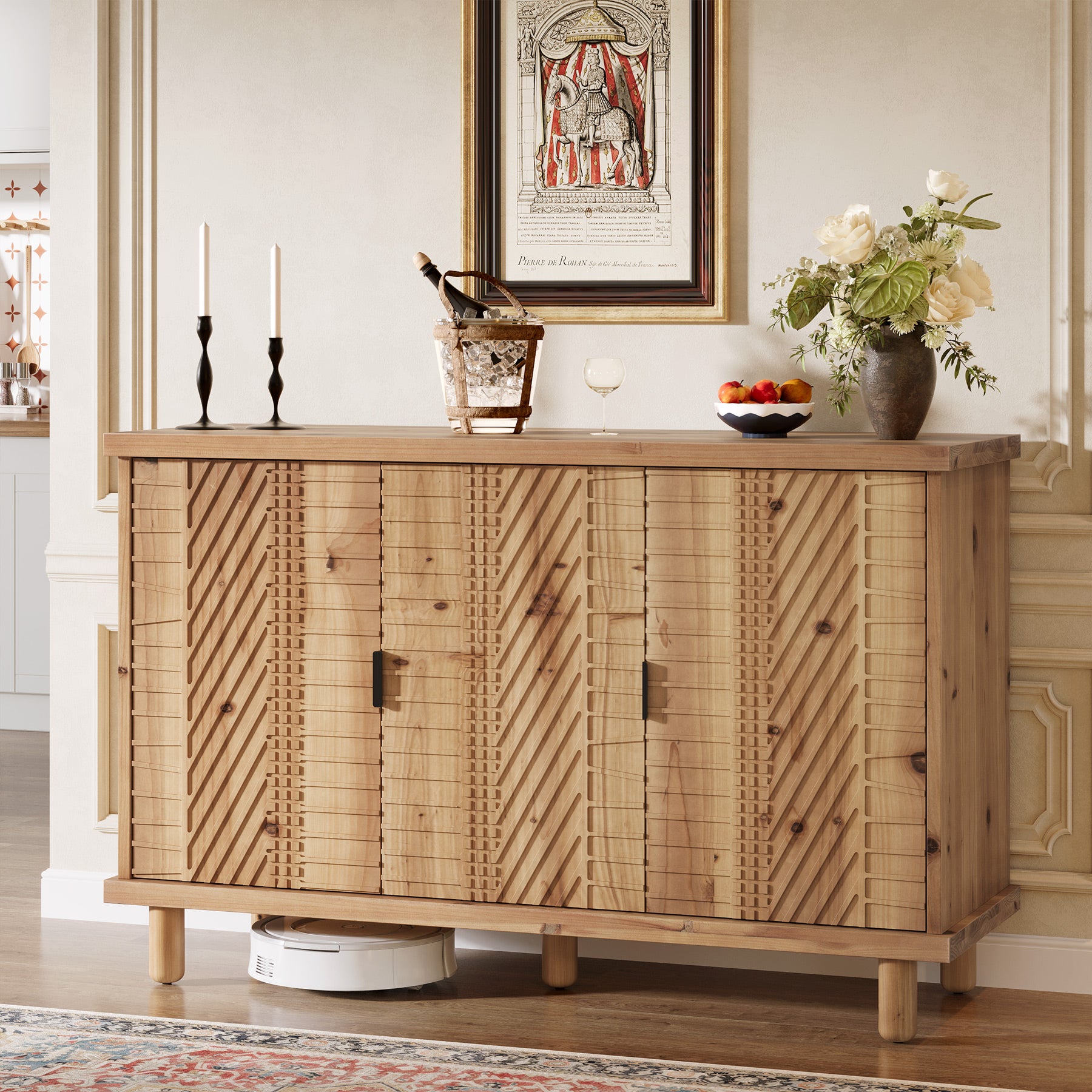 121 x 40 x 80 cm Tribesigns massief houten dressoir met 3 deuren en verstelbare planken, landelijke buffetkast voor keuken eetkamer en entree