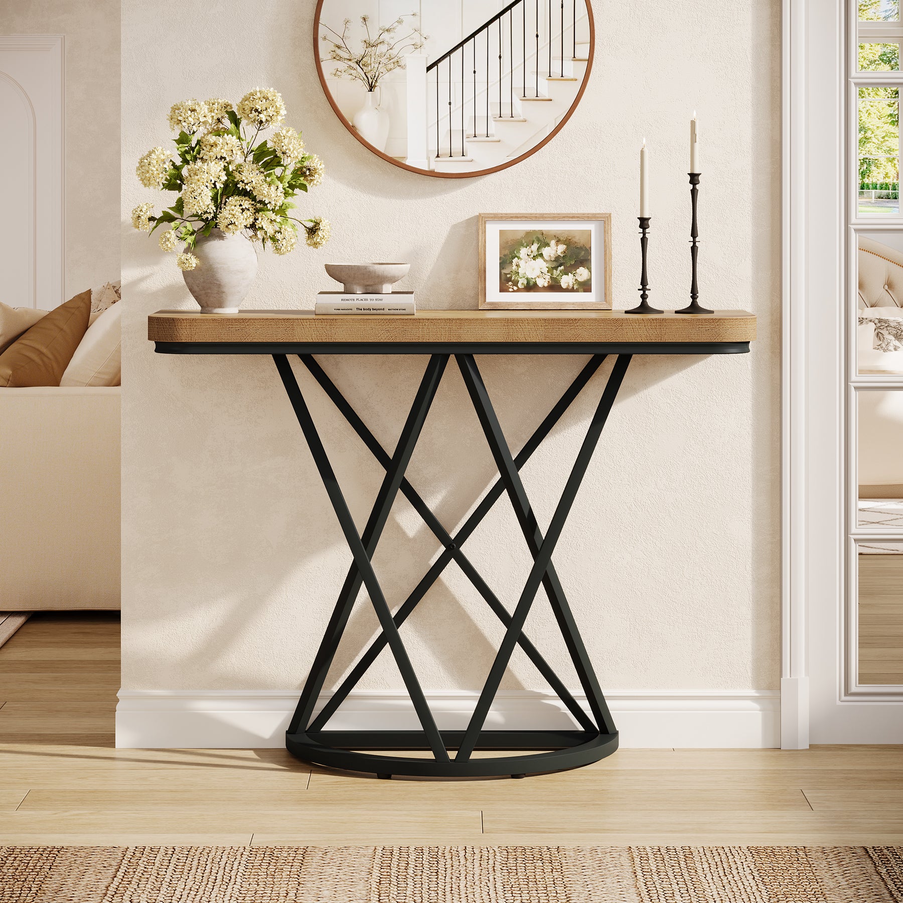 105 cm Industriële Console Tafel, Smalle Entreetafel met Geometrisch Metaal Onderstel