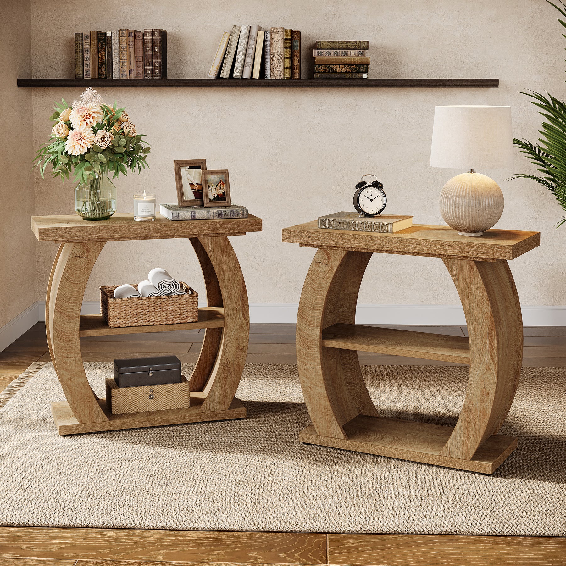 65 cm Smalle Bijzettafel met 3 Lagen Opslag, Landelijke Nachtkast met Gebogen Frame voor Woonkamer Slaapkamer