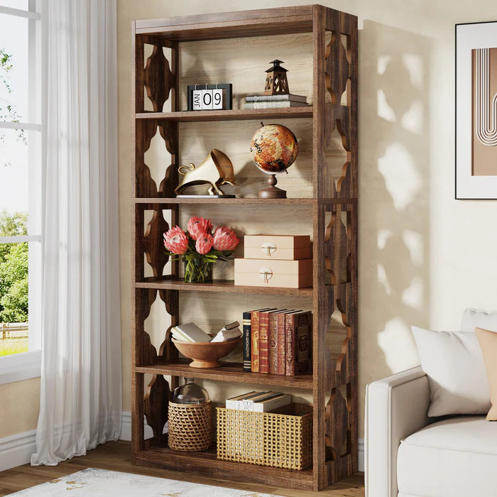 180 cm Boekenkast Met 6 Niveaus, Vrijstaande Houten Vitrinekast Voor Woonkamer