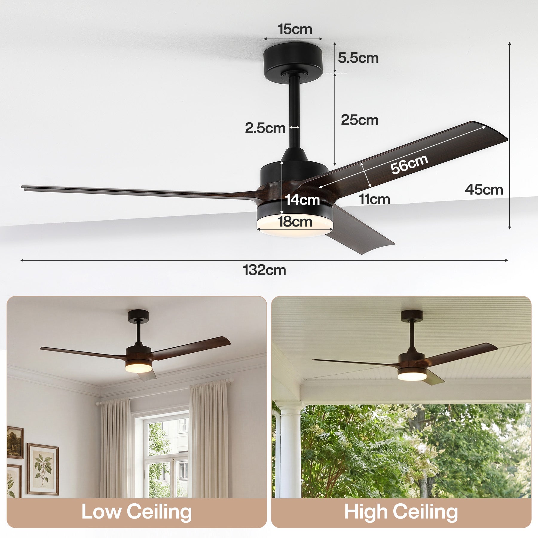 130 cm Tribesigns plafondventilator met licht en afstandsbediening, 3-bladige ventilatorlamp met stille DC-motor voor woonkamer slaapkamer en keuken [Energieklasse E]