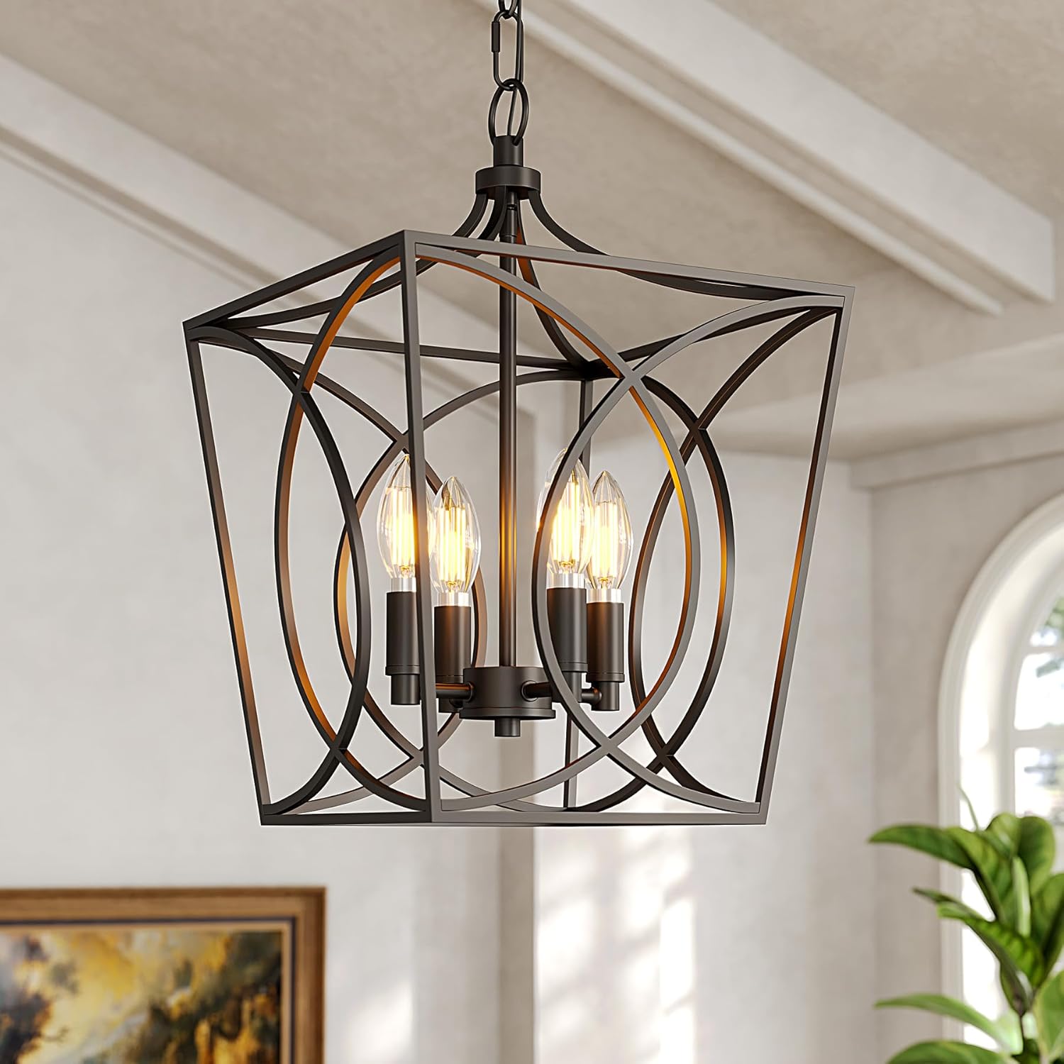 Tribesigns Industriële Metalen Kroonluchter, Zwarte Geometrische Hanglamp voor Woonkamer Entree Slaapkamer [Energieklasse E]