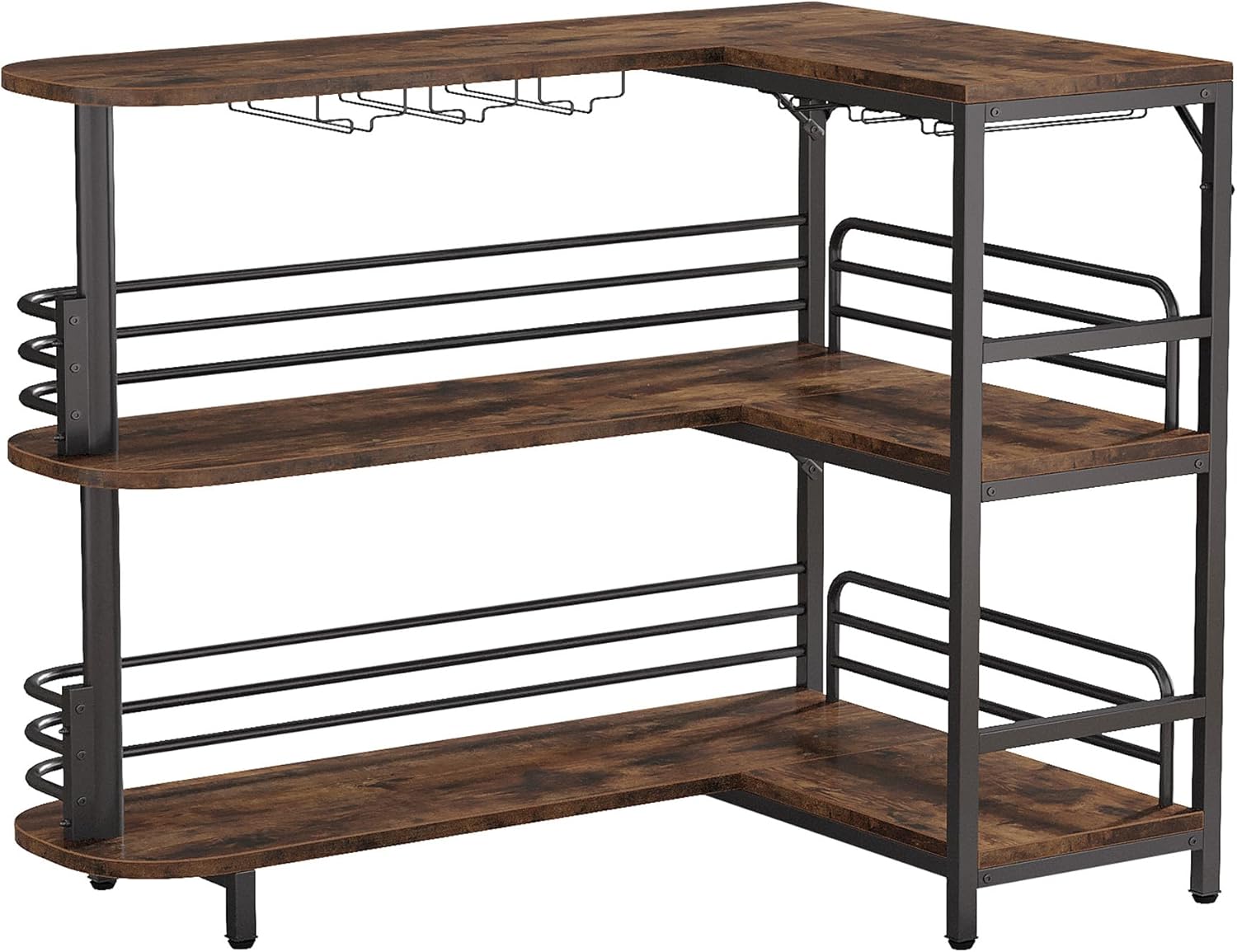 120 cm L-vormige Homebar, Industriële Hoekbar met 3 Planken en Wijnrek in Landelijk Bruin
