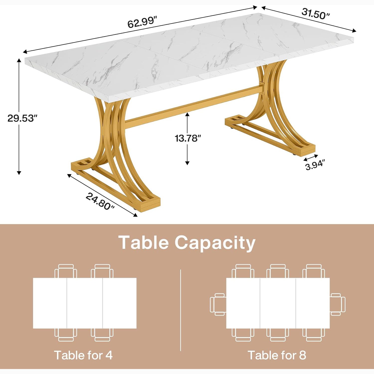 Tribesigns Eettafel 160 cm met Marmerlook Blad, Moderne Keukentafel Goud