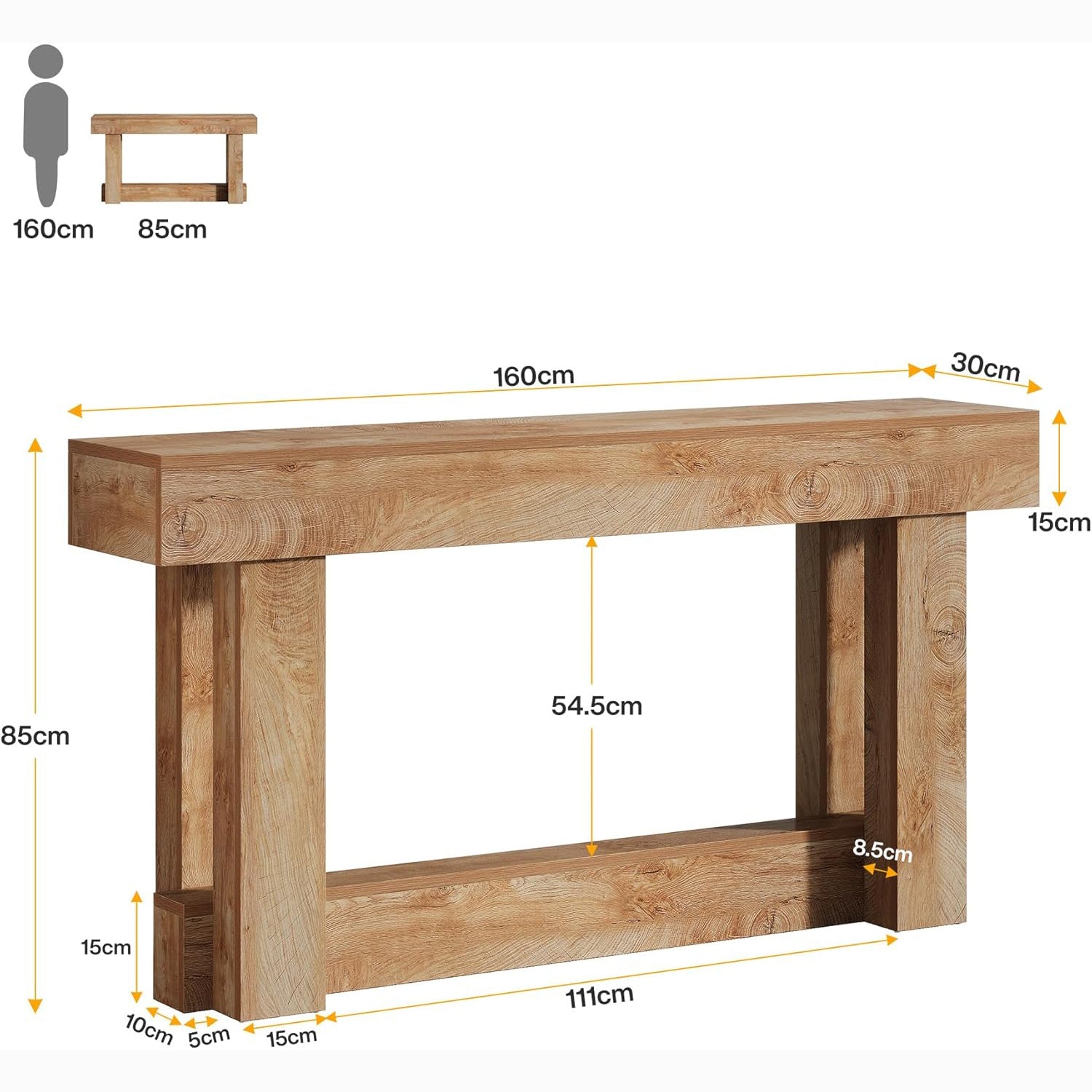 160 cm Lange Consoletafel met Opbergruimte, Tweelaags Bijzettafel in Warmbruin achter de Bank