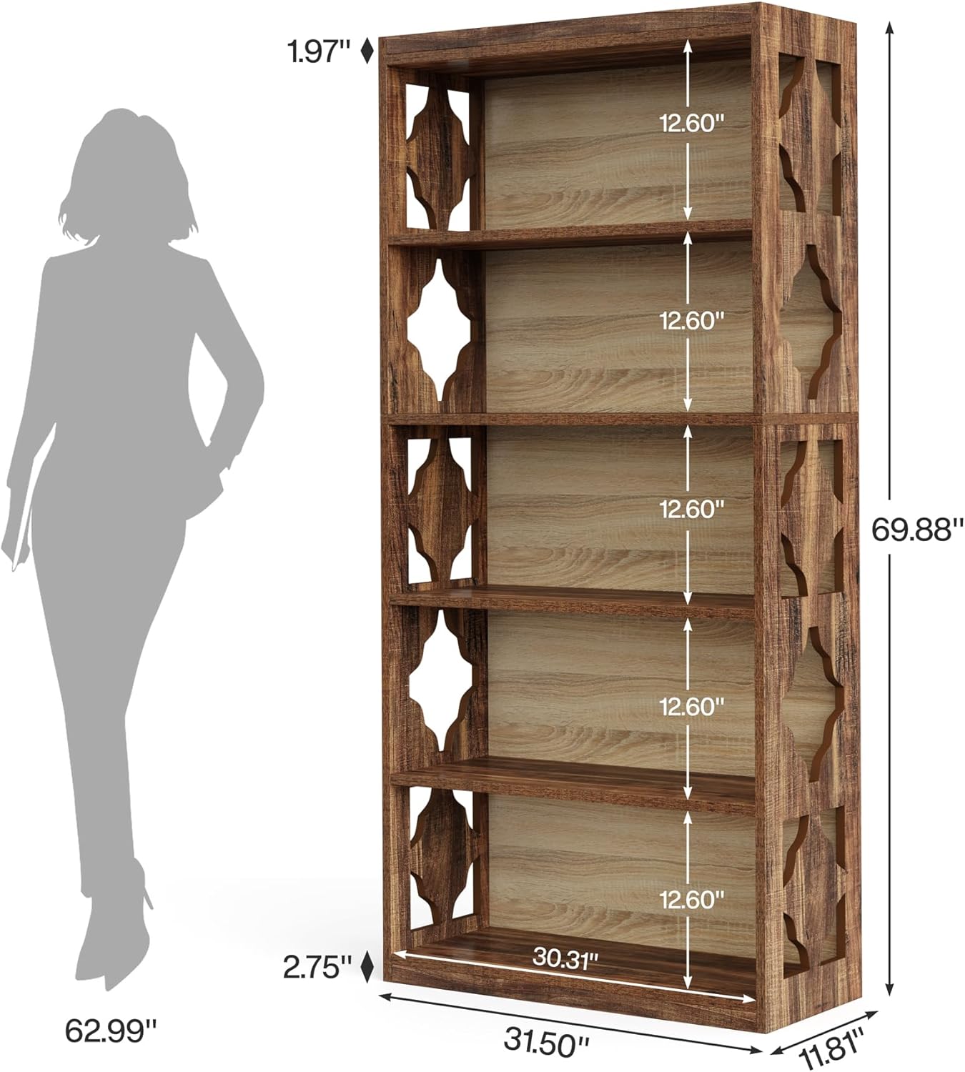 180 cm Boekenkast Met 6 Niveaus, Vrijstaande Houten Vitrinekast Voor Woonkamer