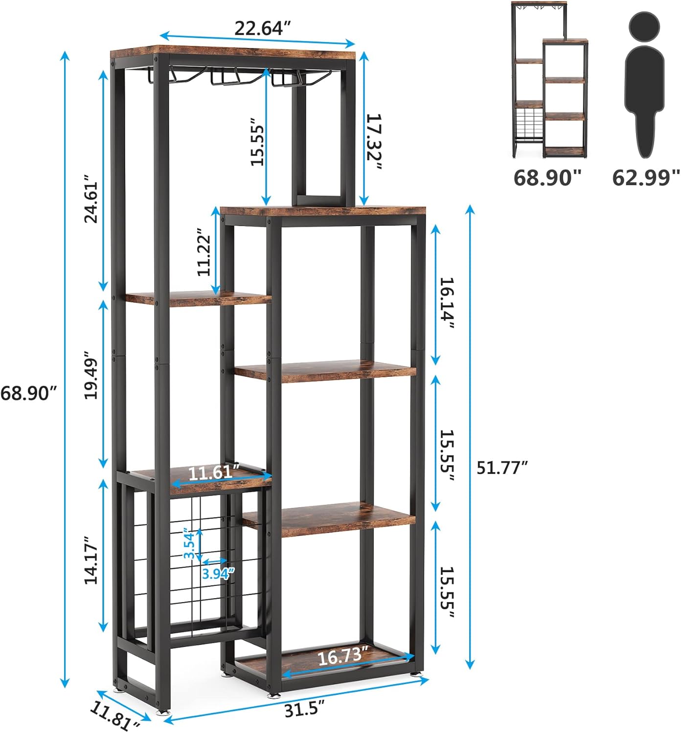 80 cm Vrijstaand Wijnrek, 5 Laags Industrieel Design met Glas Houder in Bruin