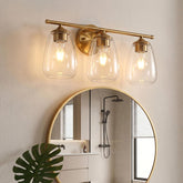 3-lichts Gouden Wandlamp met E27 Fitting, Moderne Spiegelverlichting met Glazen Kappen voor Badkamer en Hal 3