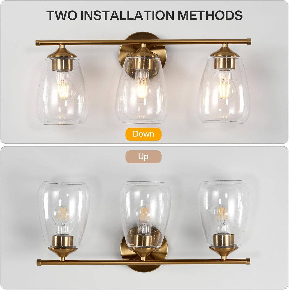 3-lichts Gouden Wandlamp met E27 Fitting, Moderne Spiegelverlichting met Glazen Kappen voor Badkamer en Hal