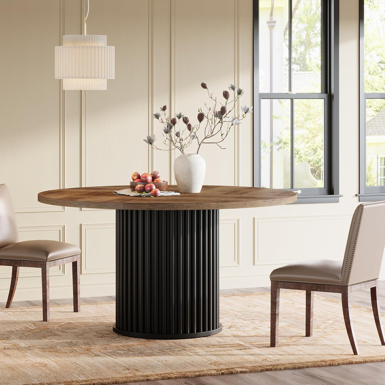 120 cm Zwarte Ronde Eettafel voor 4-6 Personen, Moderne Keukentafel met Metalen Basis