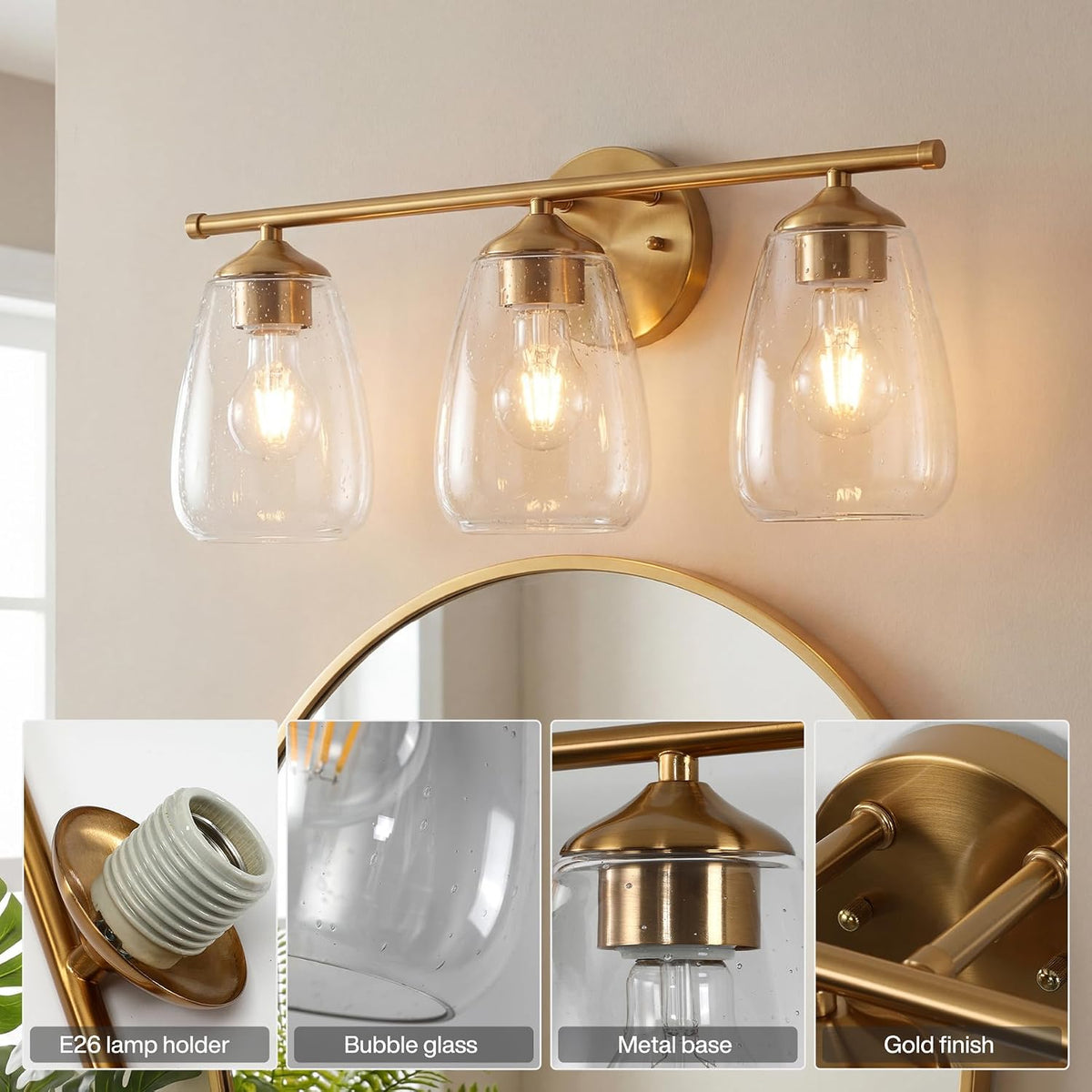 3-lichts Gouden Wandlamp met E27 Fitting, Moderne Spiegelverlichting met Glazen Kappen voor Badkamer en Hal