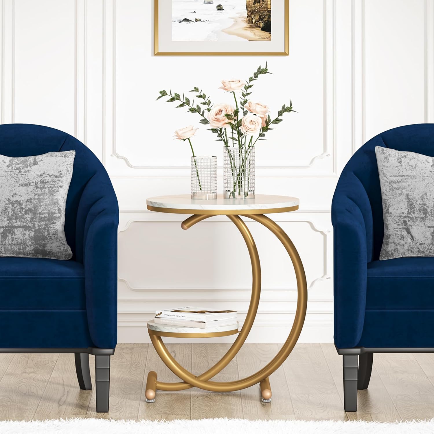Tribesigns 50 cm Gouden Marmeren Bijzettafel C-vormig 2 Etages Modern