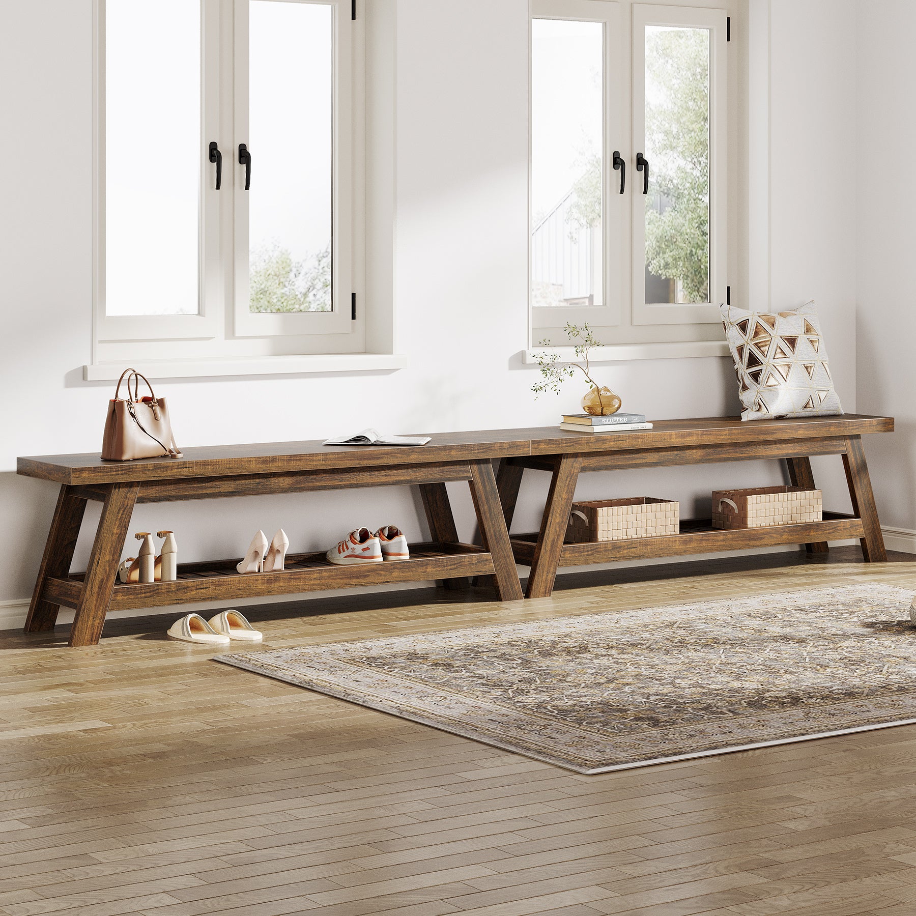 140 cm Houten Halbank met Opbergruimte, Smalle Schoenenbank met 2 Planken