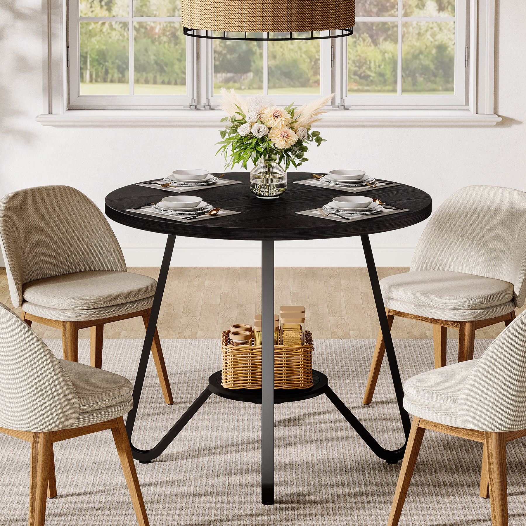 80 cm Ronde Eettafel met Dubbele Legplanken, Industriële Keukentafel voor 2 Personen