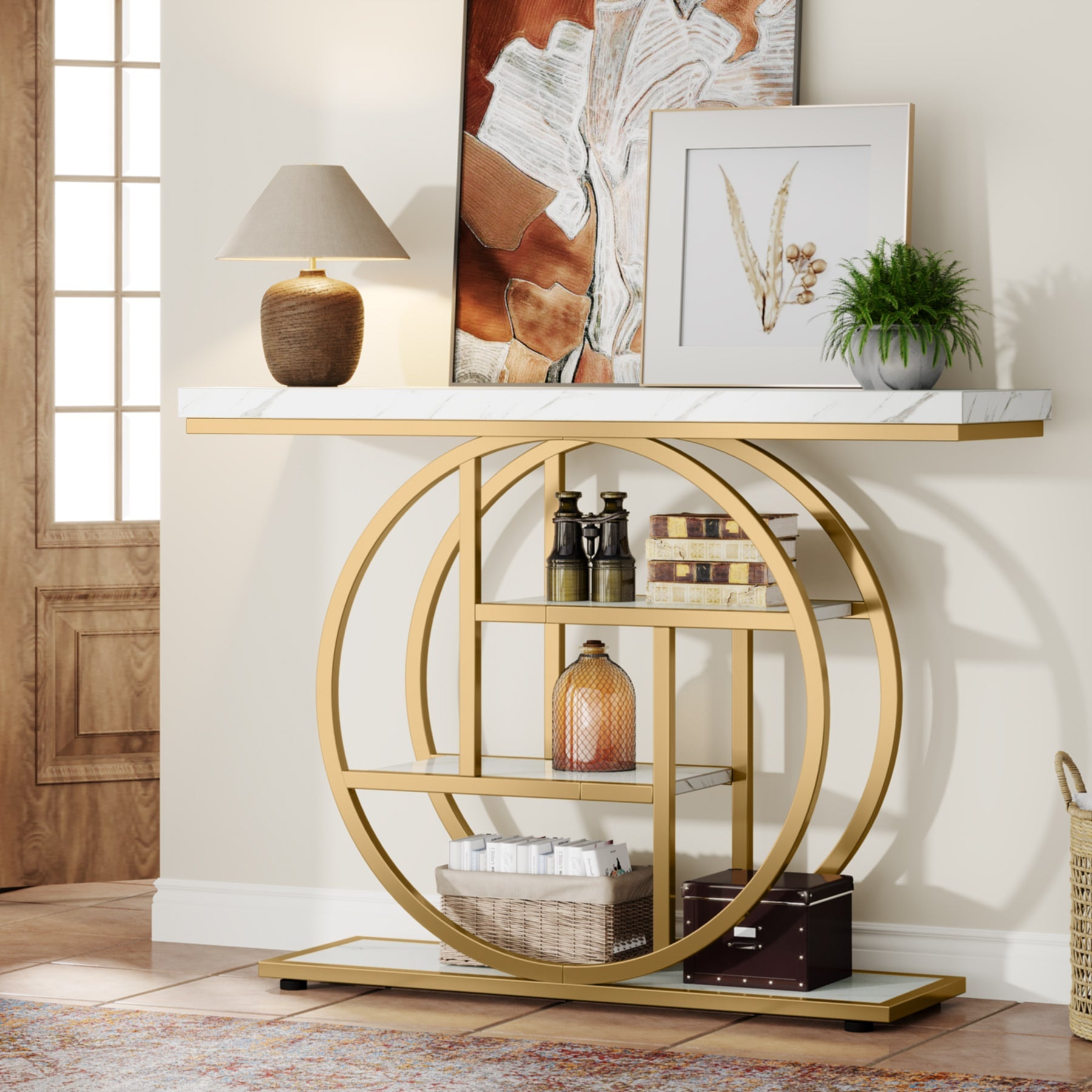 105 cm Industriële Console, 4 Planken met Ronde Basis voor Hal en Woonkamer